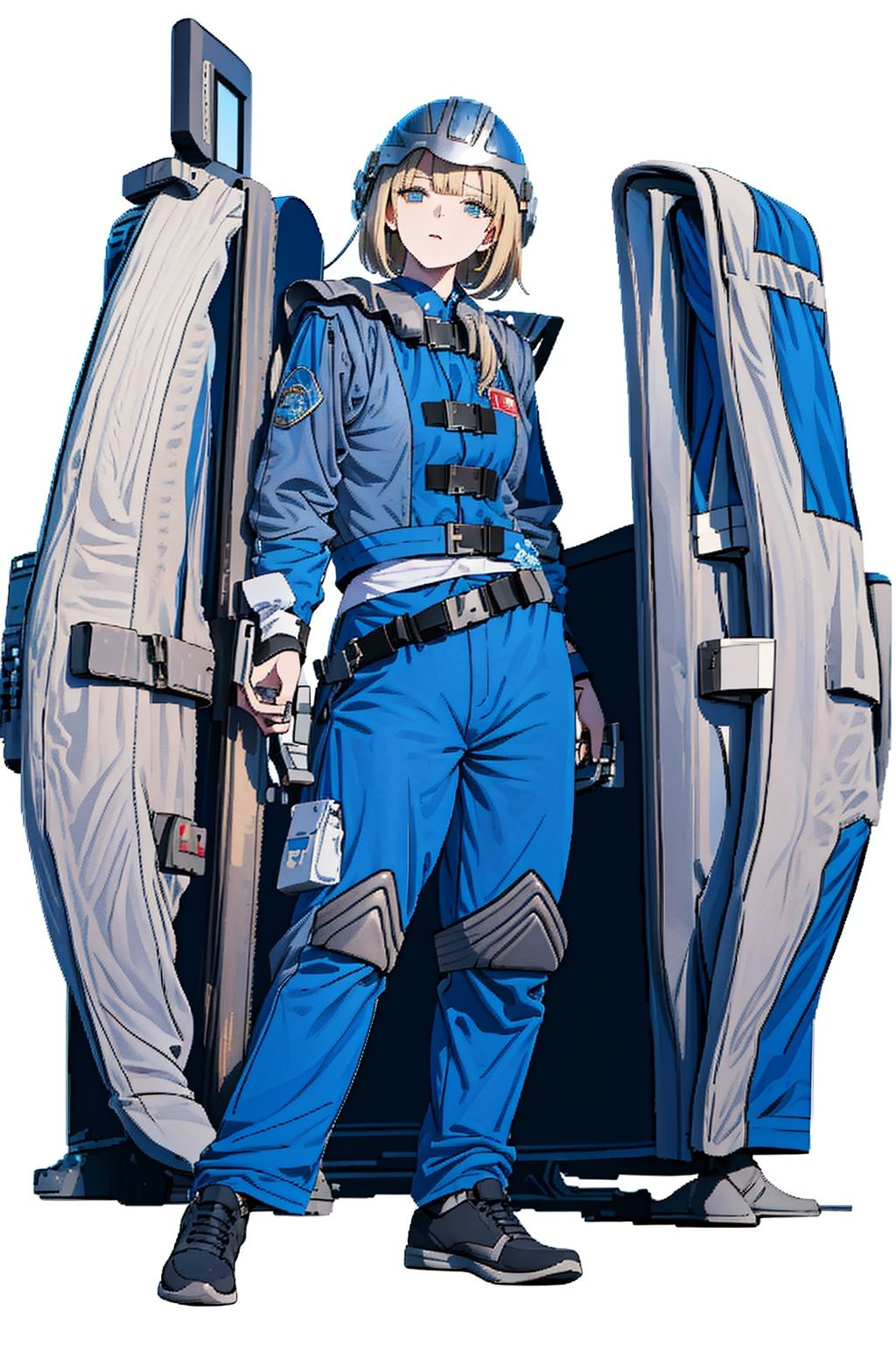 (masterpiece:1.3), (the best quality:1.2), (super fine illustrations:1.2), (Masterpiece), high quality, high detail,((white background:1.2)), looking at viewer, (SOLO:1.4),outline,,simple background,  helmet, jacket, police uniform, uniform, belt, pants, blue pants, blue jacket
