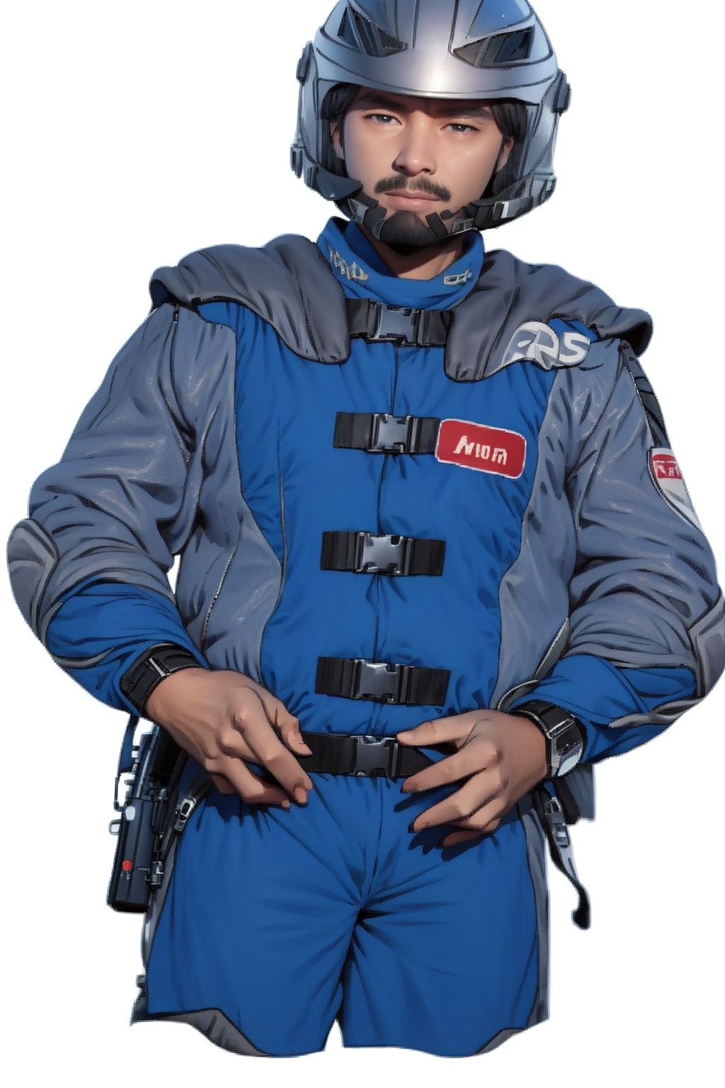 (masterpiece:1.3), (the best quality:1.2), (super fine illustrations:1.2), (Masterpiece), high quality, high detail,((white background:1.2)), looking at viewer, (SOLO:1.4),outline,,simple background,  helmet, jacket, police uniform, uniform, belt, pants, blue pants, blue jacket