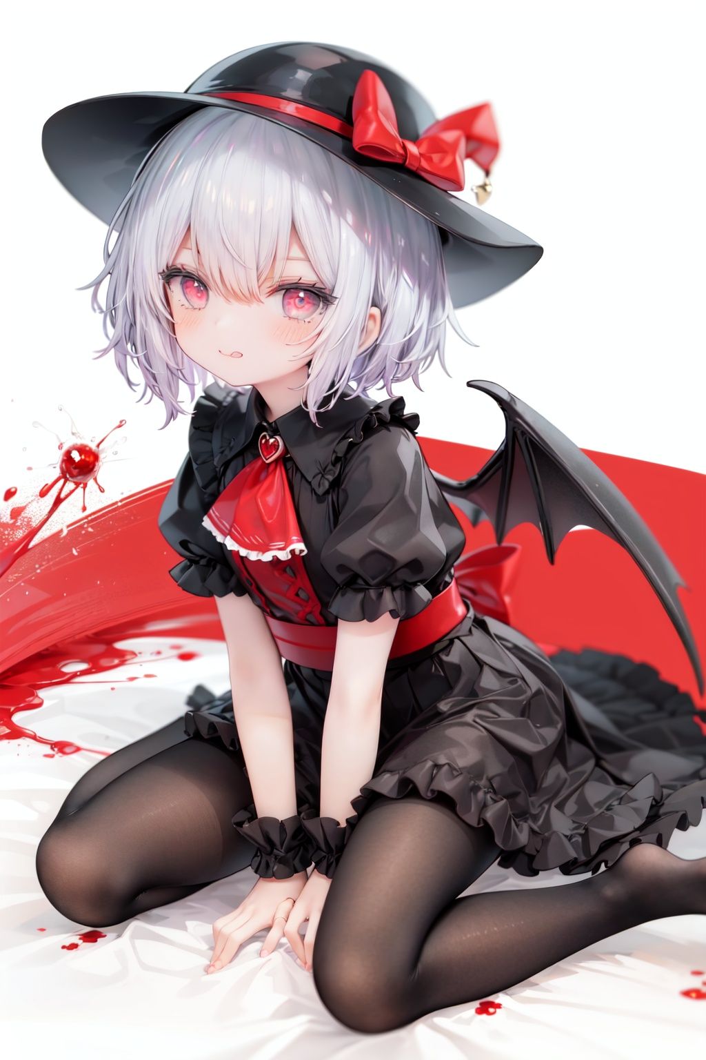 (little girl:1.4), (child:1.4),(petite:1.4), (loli:1.4),,,((solo:1.3)).,1girl, solo, wings, red eyes, hat, remilia scarlet, red background, mob cap, bat wings, ascot, blood, short sleeves, bow, short hair, ribbon, blood on hands, looking at viewer, simple background, full body, puffy sleeves, hat ribbon, blood on face, dress, brooch, red nails, pantyhose, red bow, puffy short sleeves, smile, black pantyhose, wrist cuffs, red ribbon, sitting, jewelry, red ascot, frills, hair between eyes, skirt, white dress, fingernails, sash, shirt, nail polish, no shoes, red theme, sharp fingernails, bangs, tongue, hat bow, grey hair, closed mouth, tongue out, white headwear, slit pupils, blood on clothes, skirt set, hand up, frilled sleeves, invisible chair, white skirt, vampire, frilled shirt collar/.,\nSolo,Battle, {{{{{Slash}}}}},Killing,Attacker,{{Fierce movement}},Ninja,Bloodstain,Core shadow,splatter,{Blood},{{{{Battle scene}}}},angry,Intricate,,{{{Dynamic angle}}},{Stylish pose},{High contrast,Extremely detailed CG unity 8K wallpaper} Sense of movement,blurry background,Kaotic,Lunatic,[[[[[hyper paint, rough design, flat color]]]]],Grin,Whole body,Colorful background,Intricate,Girl wearing black suit,Looking at viewers,{{Stylish}},Persona 5 style art,{{{all out attack(persona 5)}}}