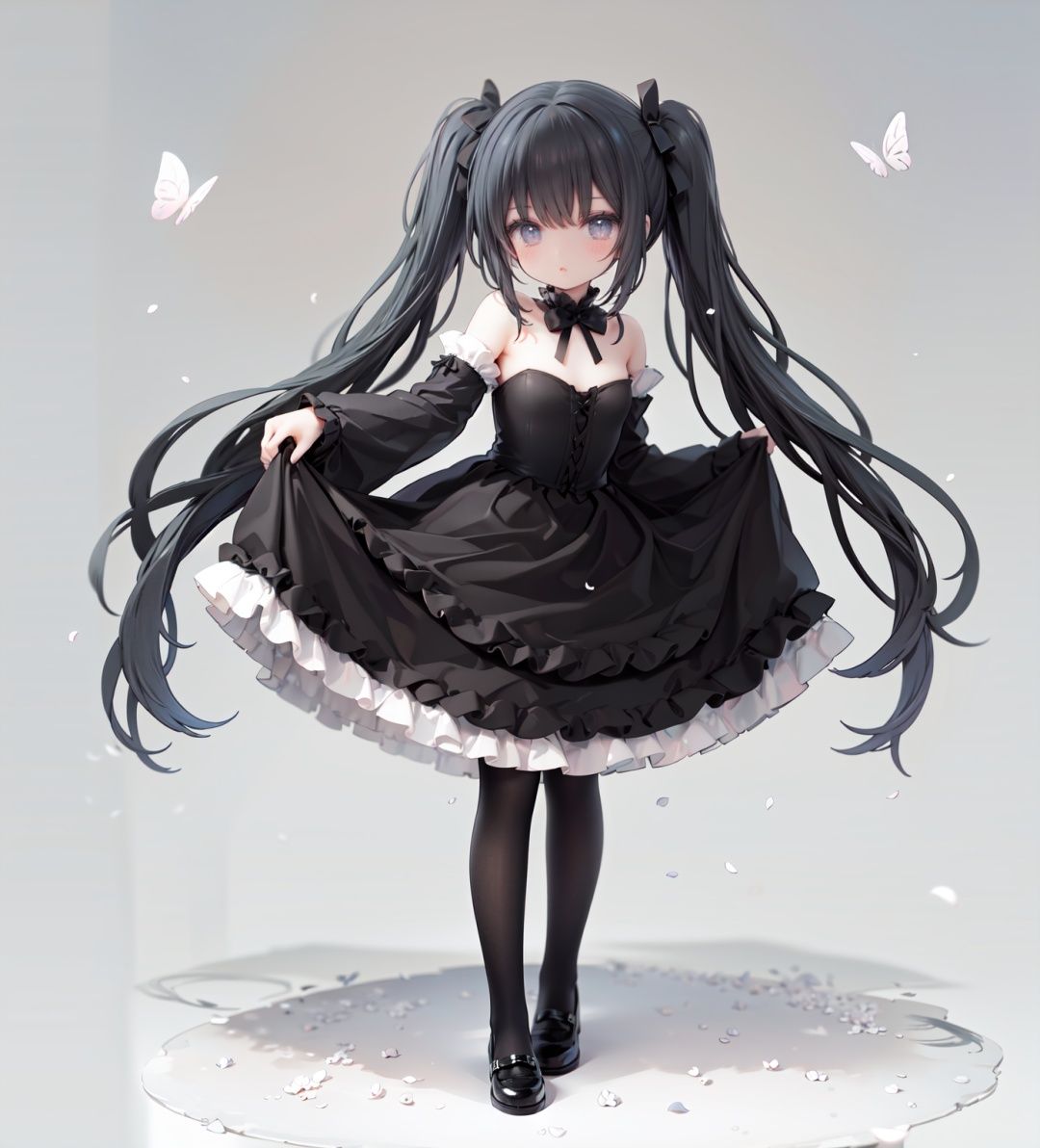 masterpiece, ((best quality)),  dynamic angle, chromatic aberration, ((colorful)),1girl, solo, black hair, long hair, dress, butterfly, bug, twintails, black footwear, lolita fashion, very long hair, pantyhose, black dress, long sleeves, bow, full body, bangs, flower, puffy sleeves, standing on one leg, shoes, white pantyhose, hair bow, looking at viewer, grey eyes, frills, standing, gothic lolita, blush, juliet sleeves, black bow, frilled dress, white flower, rose, closed mouth, skirt hold, petals, wide sleeves, mary janes, white rose