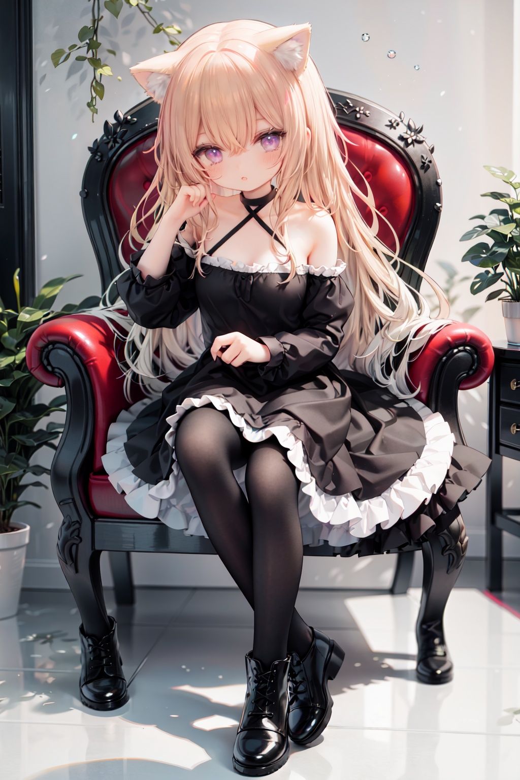 masterpiece, ((best quality)),  dynamic angle, chromatic aberration, ((colorful)),1girl, animal ears, dress, tail, solo, long hair, pantyhose, purple eyes, cat ears, cat, cat girl, cat tail, black dress, white pantyhose, standing, indoors, black footwear, animal ear fluff, looking at viewer, flower, off shoulder, full body, frilled dress, brown hair, long sleeves, blush, bangs, plant, choker, bare shoulders, potted plant, wooden floor, black choker, frills, boots, parted lips, very long hair, animal, blonde hair, chair, bow, collarbone, puffy sleeves, hair between eyes, shoes, black collar