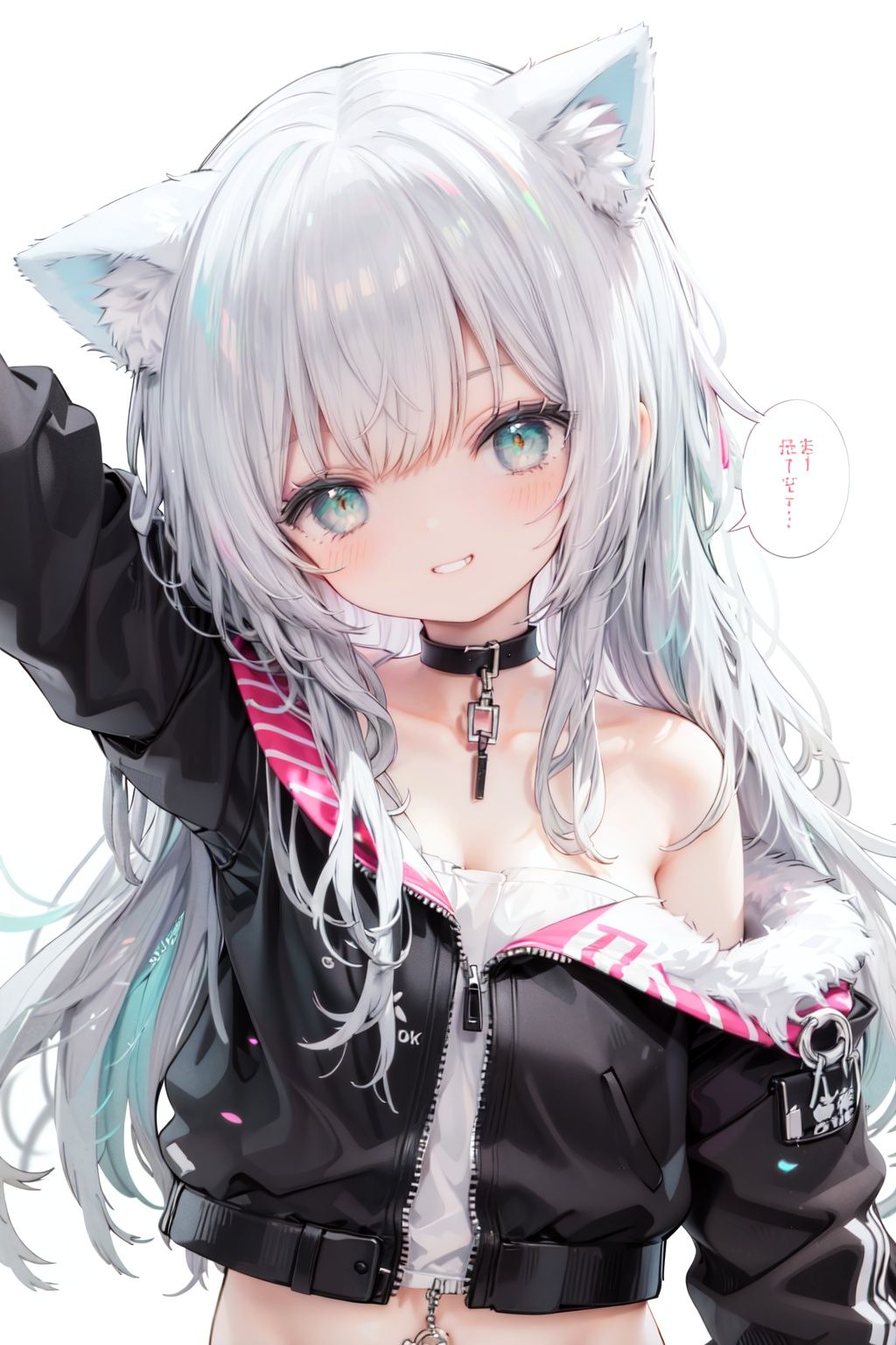 1girl,  solo,  green eyes,  smile,  long hair,  cat ears,  looking at viewer,  animal ears,  white background,  simple background,  bangs,  silver hair,  upper body,  speech bubble,  jacket,  black jacket,  head tilt,  bare shoulders,  eyebrows visible through hair,  off shoulder,  half-closed eyes,  grin,  arm up,  collarbonereflection light