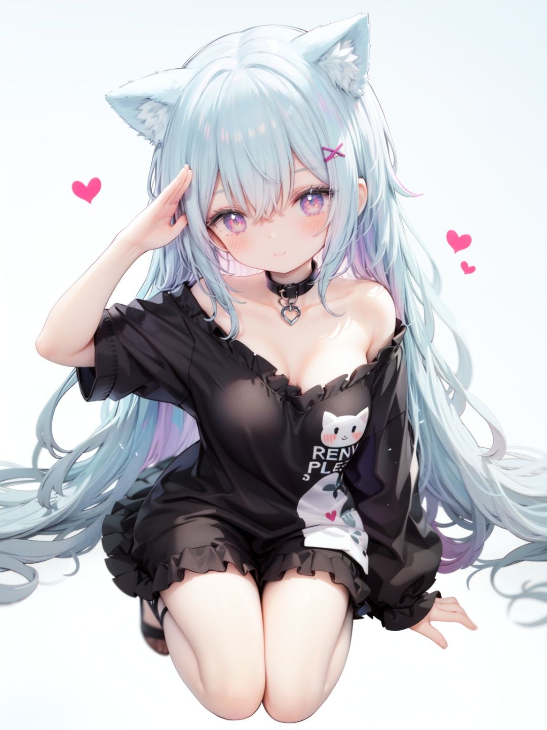 petite, loli, solo, animal ears, heart, puffy short sleeves, blue hair, long hair, off shoulder, bangs, hair ornament, gradient background,rainbow gradient, x hair ornament, animal ear fluff, looking at viewer, very long hair, blush, smile, cat ears, bare shoulders, collarbone, hand up, gradient sweater, hair between eyes, symbol-shaped pupils, arm up, heart-shaped pupils, hairclip, medium breasts, salute, bare legs,full body