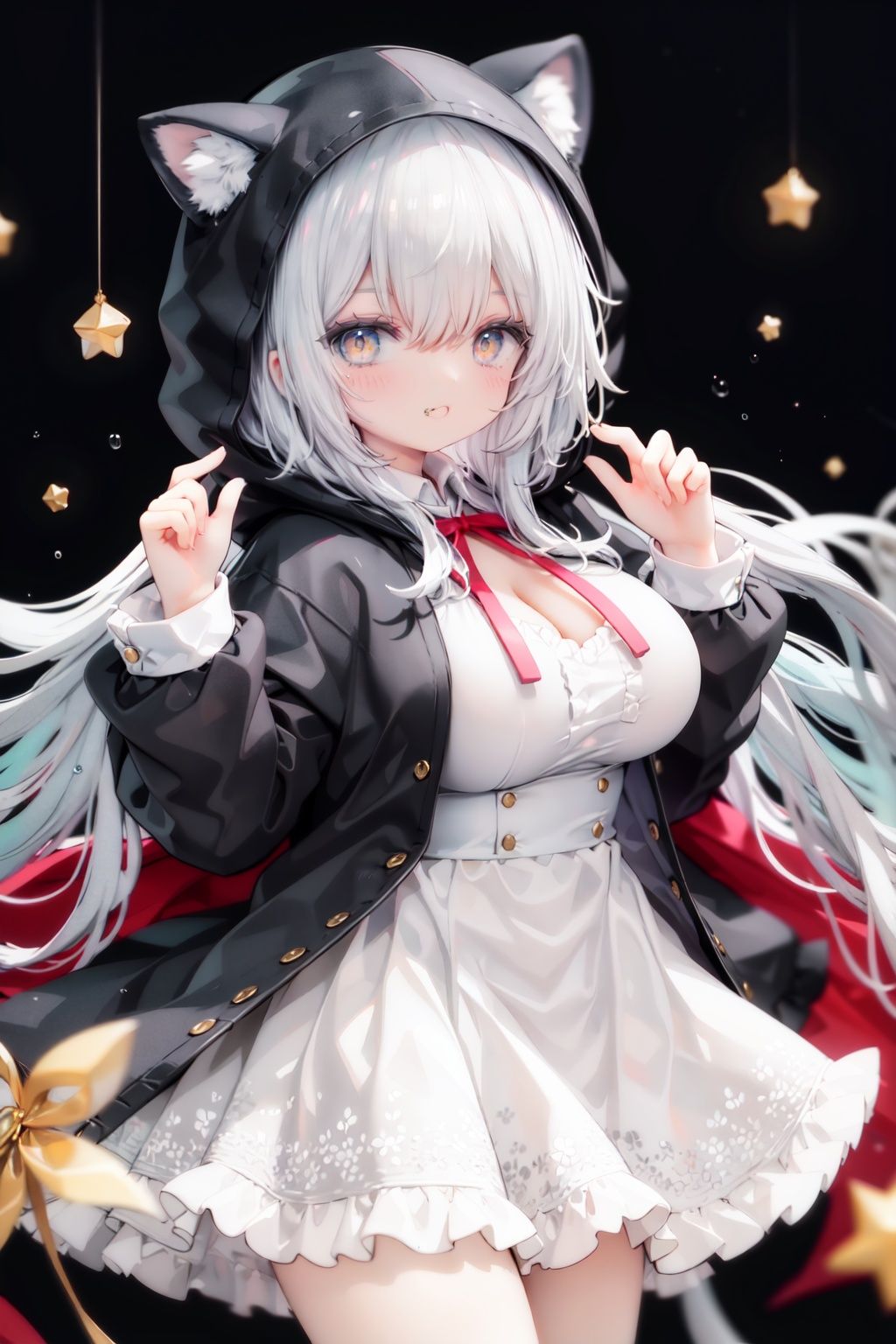 masterpiece, ((best quality)),  dynamic angle, chromatic aberration, ((colorful)),1girl, solo, hood, animal hood, breasts, frills, smile, hood up, yellow eyes, capelet, hair between eyes, blush, dress, long sleeves, looking at viewer, animal ears, large breasts, black ribbon, bangs, puffy long sleeves, :d, frilled dress, hand up, open mouth, white dress, puffy sleeves, hooded capelet, virtual *******r, frilled capelet, fang, white capelet, star (symbol)