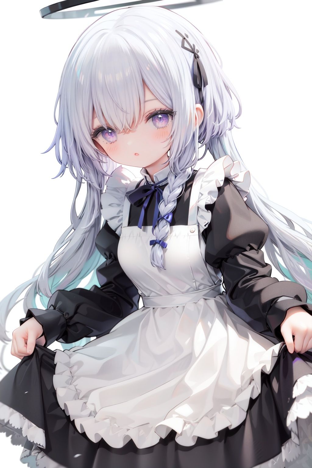 1girl,  solo,  apron,  long hair,  hair over one eye,  white background,  frills,  braid,  halo,  long sleeves,  dress,  simple background,  white hair,  white apron,  puffy sleeves,  very long hair,  frilled apron,  maid,  purple eyes,  ribbon,  parted lips,  maid apron,  bangs,  juliet sleeves,  black dress,  neck ribbon,  looking at viewer,  single braid,  blush