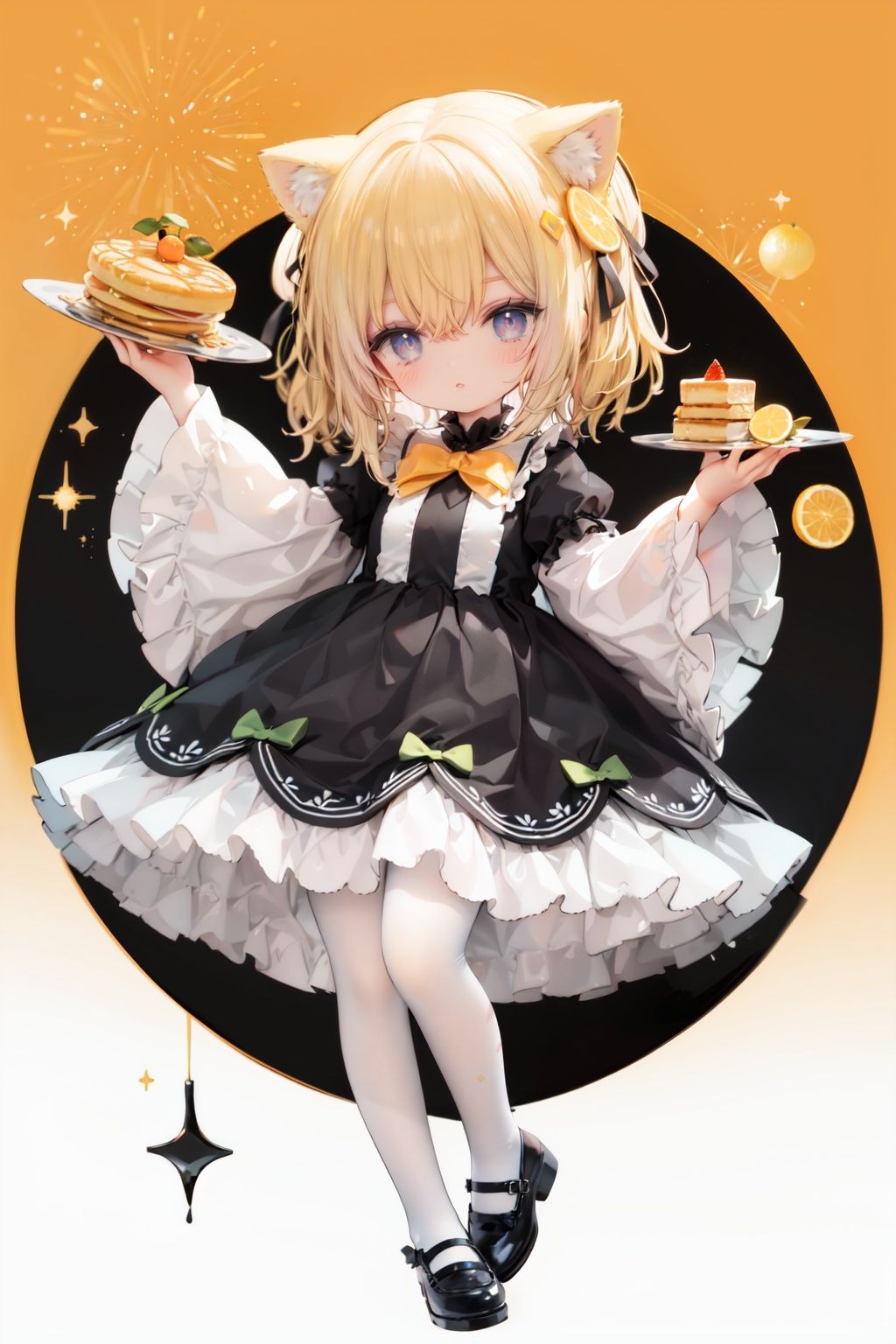 (cinematic lighting),  dreamy atmosphere,  Ray tracing,  (((solo))),  (loli:1.5),  (child:1.5),  (petite:1.5),  green eyes,  (animal ears),  dress,  solo,  food,  blonde hair,  open mouth,  long hair,  pancake,  flower,  holding,  bow,  smile,  fork,  bird,  socks,  looking at viewer,  shoes,  striped background,  holding fork,  bonnet,  striped,  frills,  long sleeves,  :d,  yellow dress,  bangs,  eyebrows visible through hair,  blush,  green nails,  hair bow,  nail polish,  diagonal stripes,  chick,  sparkle,  frilled dress,  orange bow,  fruit,  full body,  :3,  hair between eyes,  green bow,  puffy sleeves,  heart,  lemon,  orange footwear,  animal ear fluff,  white bow,  cat ears,  bobby socks,  orange headwear,  see-through sleeves,  blue background,  striped bow,  hair ornament,  white legwear,  mary janes