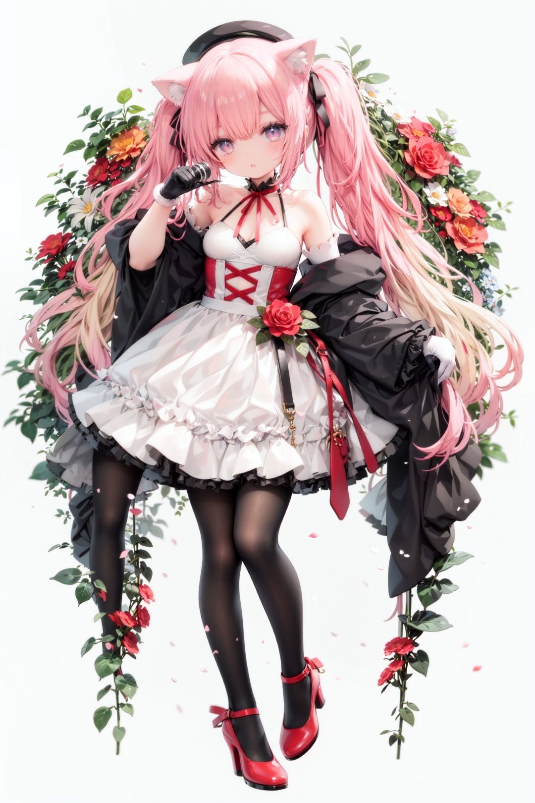 masterpiece, ((best quality)),  dynamic angle, chromatic aberration, ((colorful)),1girl, solo, flower, thighhighs, white thighhighs, gloves, red footwear, long hair, detached sleeves, animal ears, rose, blonde hair, looking at viewer, full body, hat, high heels, petals, dress, standing, twintails, wide sleeves, holding, shoes, frills, red flower, cat ears, bangs, microphone, long sleeves, white flower, hair ornament, white gloves, zettai ryouiki, bare shoulders, pink eyes, frilled dress, small breasts, breasts, closed mouth, skirt, beret, white headwear, very long hair, red eyes, red rose, white dress, blush, ribbon, black gloves, animal ear fluff, hair flower, pink flower