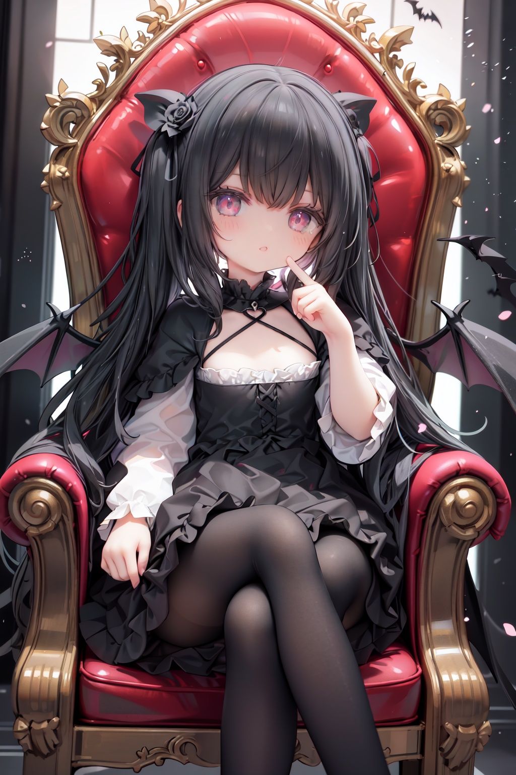 masterpiece, ((best quality)), (ultra-detailed), (illustration), an extremely delicate and beautiful girl, dynamic angle, chromatic aberration, ((colorful)),//,1girls,loli,(petite child:1.1),//,(in Gothic castle),girl with black hair,red eyes,Vertical pupil,long hair,hair arrangement,(Detailed face description),(batwing),(Gothic Lolita),(bat tail),alccandlestick,Cathedral glass,,short skirt,black pantyhose,red lace,high heels,rose tattoo,throne,sitting,crossed legs,//,