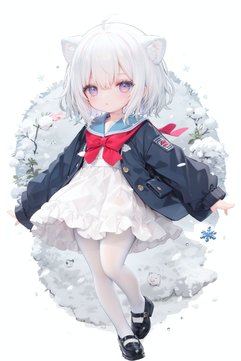 cute,Infant,solo blue shirt,blue sailor coat,loli,full body,white hair,snow leopard ear,white background,pink eyes,laugh,happy,white pantihose,white pantyhose,red armband,