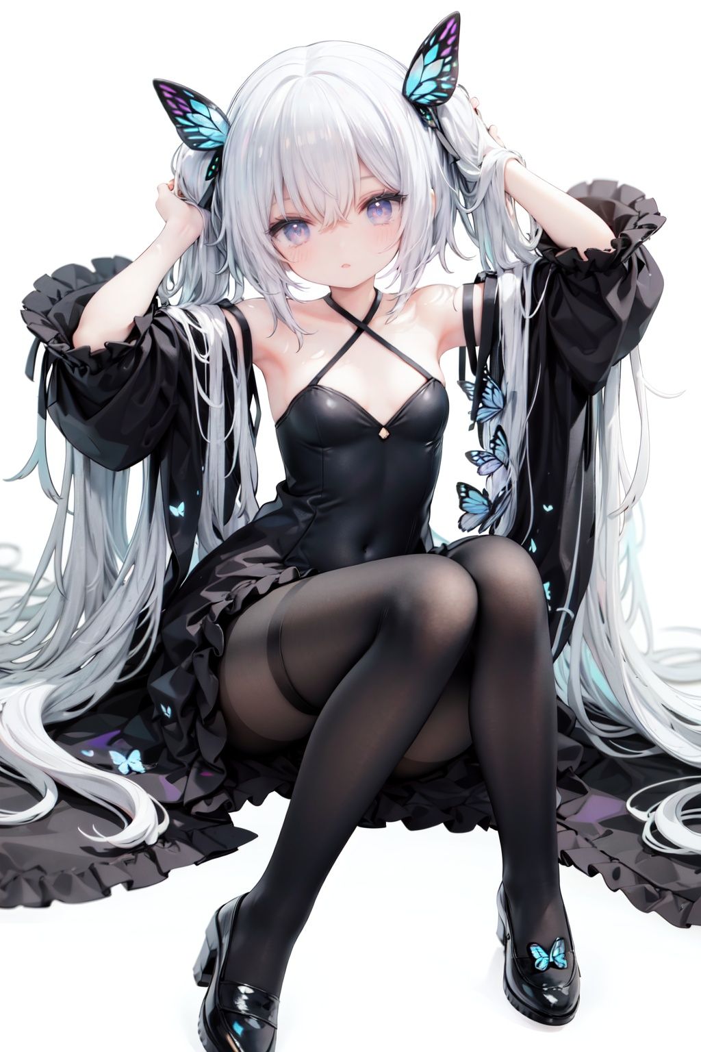 masterpiece, ((best quality)),  dynamic angle, chromatic aberration, ((colorful)),1girl, long hair, solo, very long hair, butterfly, pantyhose, bug, thigh strap, black dress, dress, looking at viewer, white hair, black footwear, blue butterfly, blue eyes, long sleeves, breasts, twintails, detached sleeves, absurdly long hair, bangs, full body, hair ornament, wide sleeves, brown pantyhose, blush, sitting, white background, butterfly hair ornament, small breasts, closed mouth, shoes, purple eyes, black pantyhose, hair between eyes, arms up, covered navel