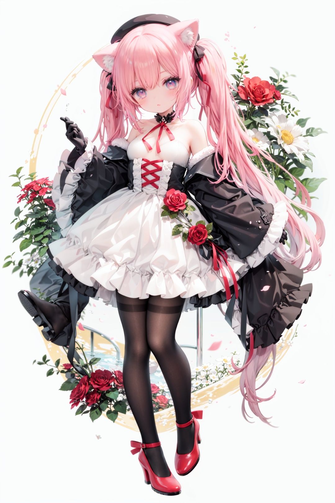 masterpiece, ((best quality)),  dynamic angle, chromatic aberration, ((colorful)),1girl, solo, flower, thighhighs, white thighhighs, gloves, red footwear, long hair, detached sleeves, animal ears, rose, blonde hair, looking at viewer, full body, hat, high heels, petals, dress, standing, twintails, wide sleeves, holding, shoes, frills, red flower, cat ears, bangs, microphone, long sleeves, white flower, hair ornament, white gloves, zettai ryouiki, bare shoulders, pink eyes, frilled dress, small breasts, breasts, closed mouth, skirt, beret, white headwear, very long hair, red eyes, red rose, white dress, blush, ribbon, black gloves, animal ear fluff, hair flower, pink flower