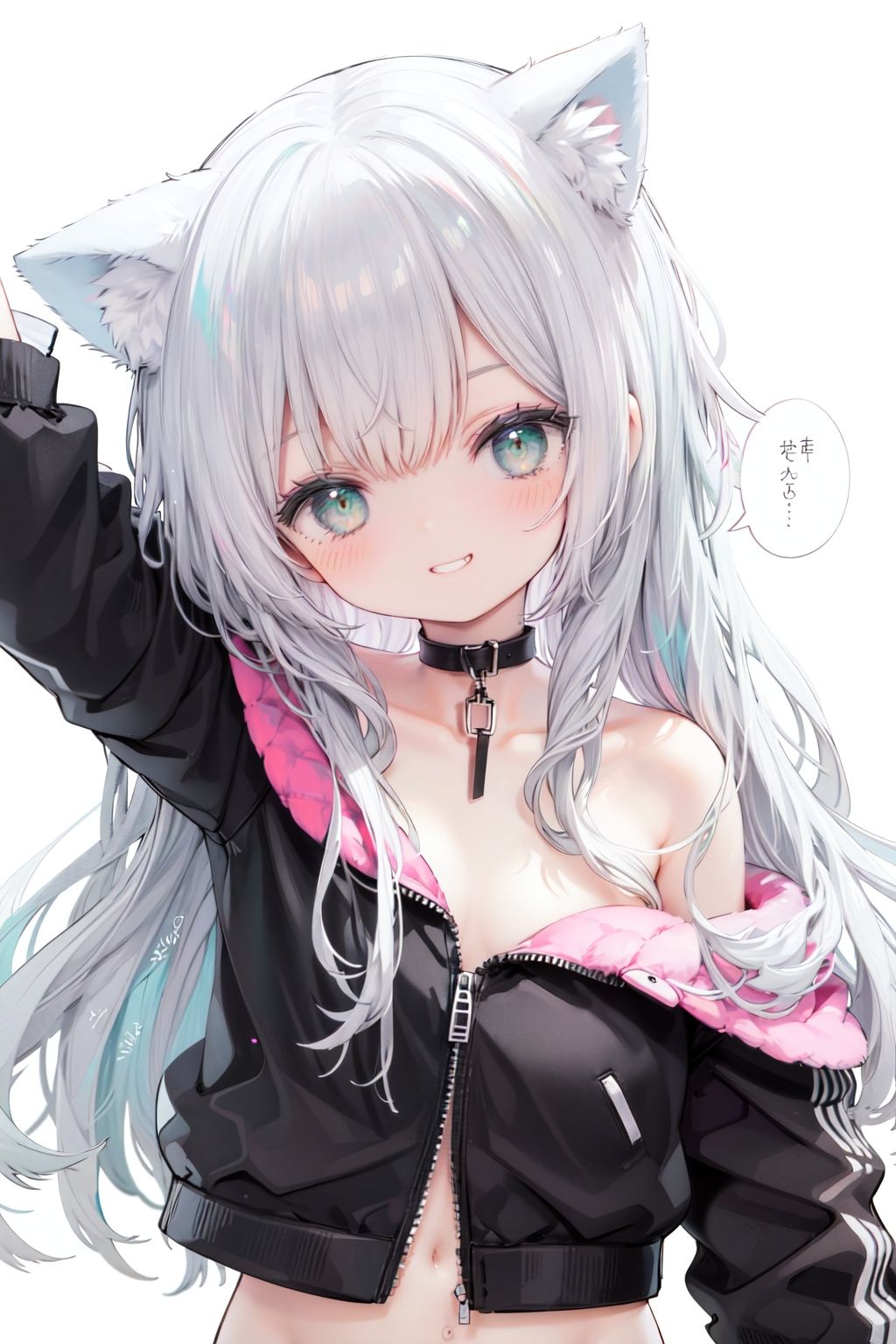 1girl,  solo,  green eyes,  smile,  long hair,  cat ears,  looking at viewer,  animal ears,  white background,  simple background,  bangs,  silver hair,  upper body,  speech bubble,  jacket,  black jacket,  head tilt,  bare shoulders,  eyebrows visible through hair,  off shoulder,  half-closed eyes,  grin,  arm up,  collarbonereflection light