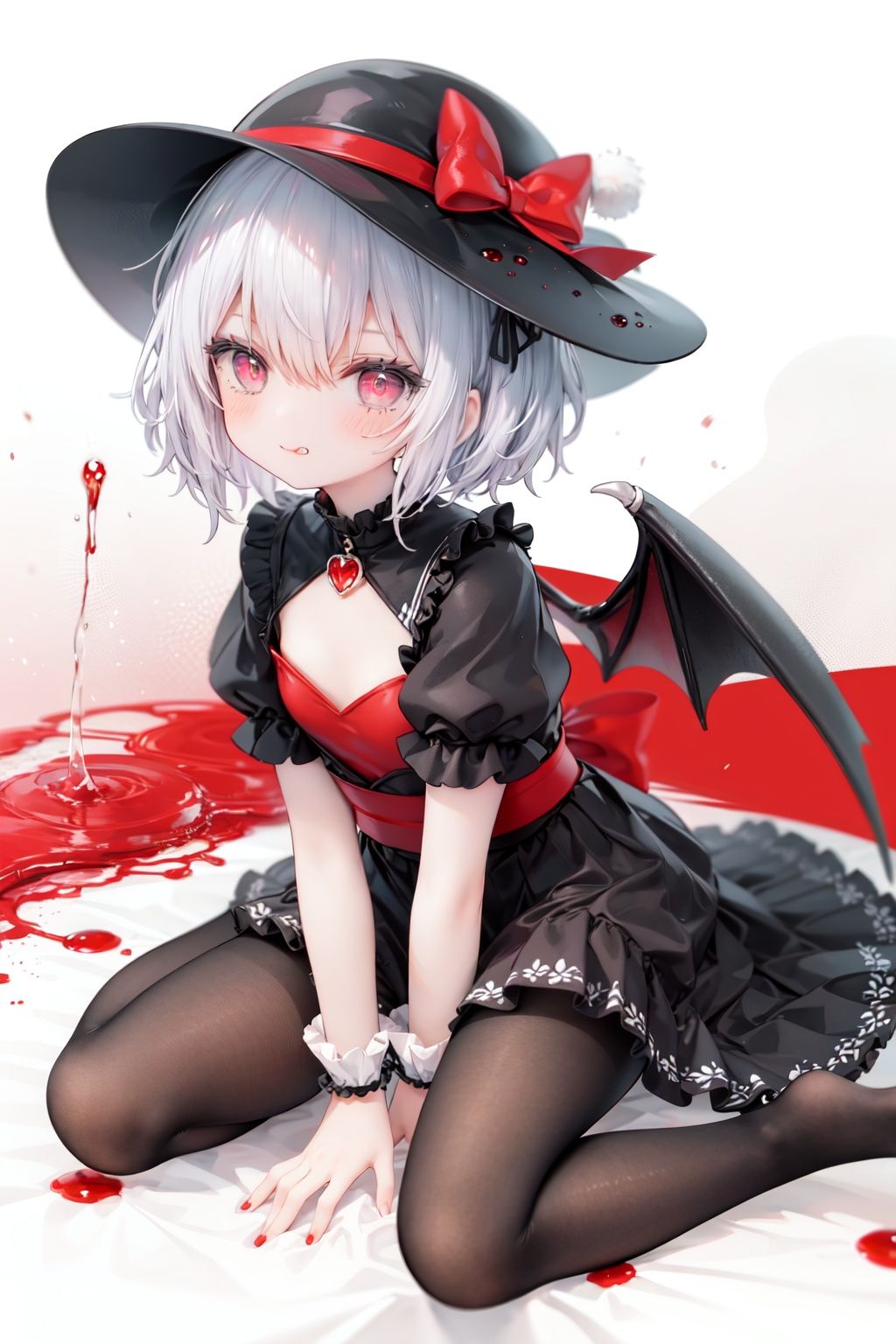 (little girl:1.4), (child:1.4),(petite:1.4), (loli:1.4),,,((solo:1.3)).,1girl, solo, wings, red eyes, hat, remilia scarlet, red background, mob cap, bat wings, ascot, blood, short sleeves, bow, short hair, ribbon, blood on hands, looking at viewer, simple background, full body, puffy sleeves, hat ribbon, blood on face, dress, brooch, red nails, pantyhose, red bow, puffy short sleeves, smile, black pantyhose, wrist cuffs, red ribbon, sitting, jewelry, red ascot, frills, hair between eyes, skirt, white dress, fingernails, sash, shirt, nail polish, no shoes, red theme, sharp fingernails, bangs, tongue, hat bow, grey hair, closed mouth, tongue out, white headwear, slit pupils, blood on clothes, skirt set, hand up, frilled sleeves, invisible chair, white skirt, vampire, frilled shirt collar/.,\nSolo,Battle, {{{{{Slash}}}}},Killing,Attacker,{{Fierce movement}},Ninja,Bloodstain,Core shadow,splatter,{Blood},{{{{Battle scene}}}},angry,Intricate,,{{{Dynamic angle}}},{Stylish pose},{High contrast,Extremely detailed CG unity 8K wallpaper} Sense of movement,blurry background,Kaotic,Lunatic,[[[[[hyper paint, rough design, flat color]]]]],Grin,Whole body,Colorful background,Intricate,Girl wearing black suit,Looking at viewers,{{Stylish}},Persona 5 style art,{{{all out attack(persona 5)}}}