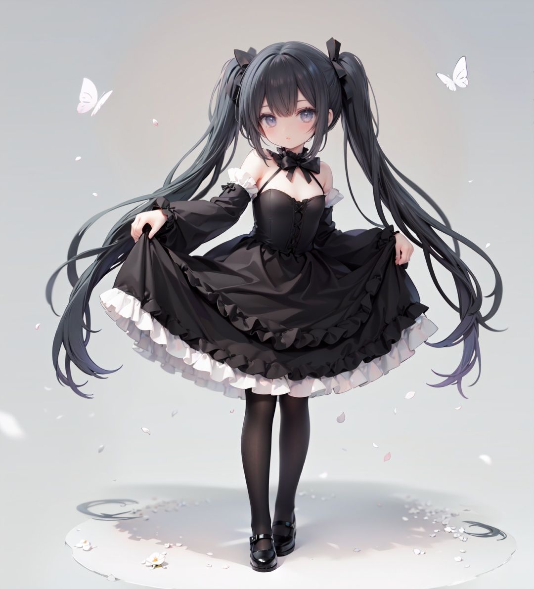 masterpiece, ((best quality)),  dynamic angle, chromatic aberration, ((colorful)),1girl, solo, black hair, long hair, dress, butterfly, bug, twintails, black footwear, lolita fashion, very long hair, pantyhose, black dress, long sleeves, bow, full body, bangs, flower, puffy sleeves, standing on one leg, shoes, white pantyhose, hair bow, looking at viewer, grey eyes, frills, standing, gothic lolita, blush, juliet sleeves, black bow, frilled dress, white flower, rose, closed mouth, skirt hold, petals, wide sleeves, mary janes, white rose