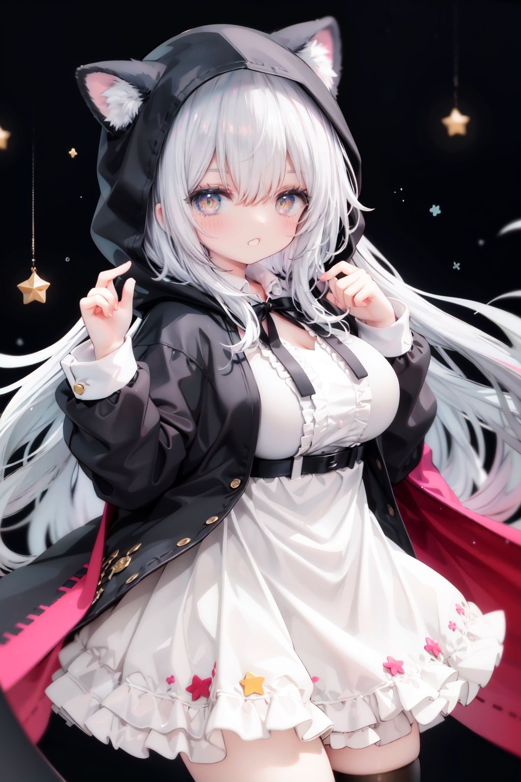 masterpiece, ((best quality)),  dynamic angle, chromatic aberration, ((colorful)),1girl, solo, hood, animal hood, breasts, frills, smile, hood up, yellow eyes, capelet, hair between eyes, blush, dress, long sleeves, looking at viewer, animal ears, large breasts, black ribbon, bangs, puffy long sleeves, :d, frilled dress, hand up, open mouth, white dress, puffy sleeves, hooded capelet, virtual *******r, frilled capelet, fang, white capelet, star (symbol)
