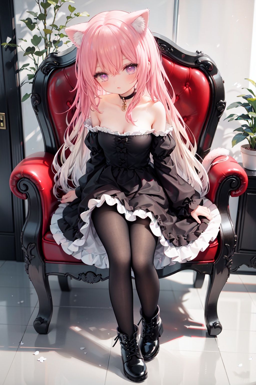 masterpiece, ((best quality)),  dynamic angle, chromatic aberration, ((colorful)),1girl, animal ears, dress, tail, solo, long hair, pantyhose, purple eyes, cat ears, cat, cat girl, cat tail, black dress, white pantyhose, standing, indoors, black footwear, animal ear fluff, looking at viewer, flower, off shoulder, full body, frilled dress, brown hair, long sleeves, blush, bangs, plant, choker, bare shoulders, potted plant, wooden floor, black choker, frills, boots, parted lips, very long hair, animal, blonde hair, chair, bow, collarbone, puffy sleeves, hair between eyes, shoes, black collar