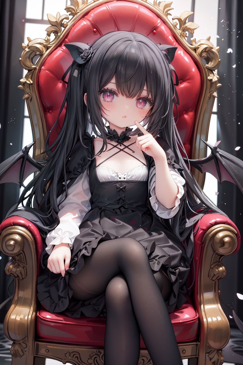 masterpiece, ((best quality)), (ultra-detailed), (illustration), an extremely delicate and beautiful girl, dynamic angle, chromatic aberration, ((colorful)),//,1girls,loli,(petite child:1.1),//,(in Gothic castle),girl with black hair,red eyes,Vertical pupil,long hair,hair arrangement,(Detailed face description),(batwing),(Gothic Lolita),(bat tail),alccandlestick,Cathedral glass,,short skirt,black pantyhose,red lace,high heels,rose tattoo,throne,sitting,crossed legs,//,