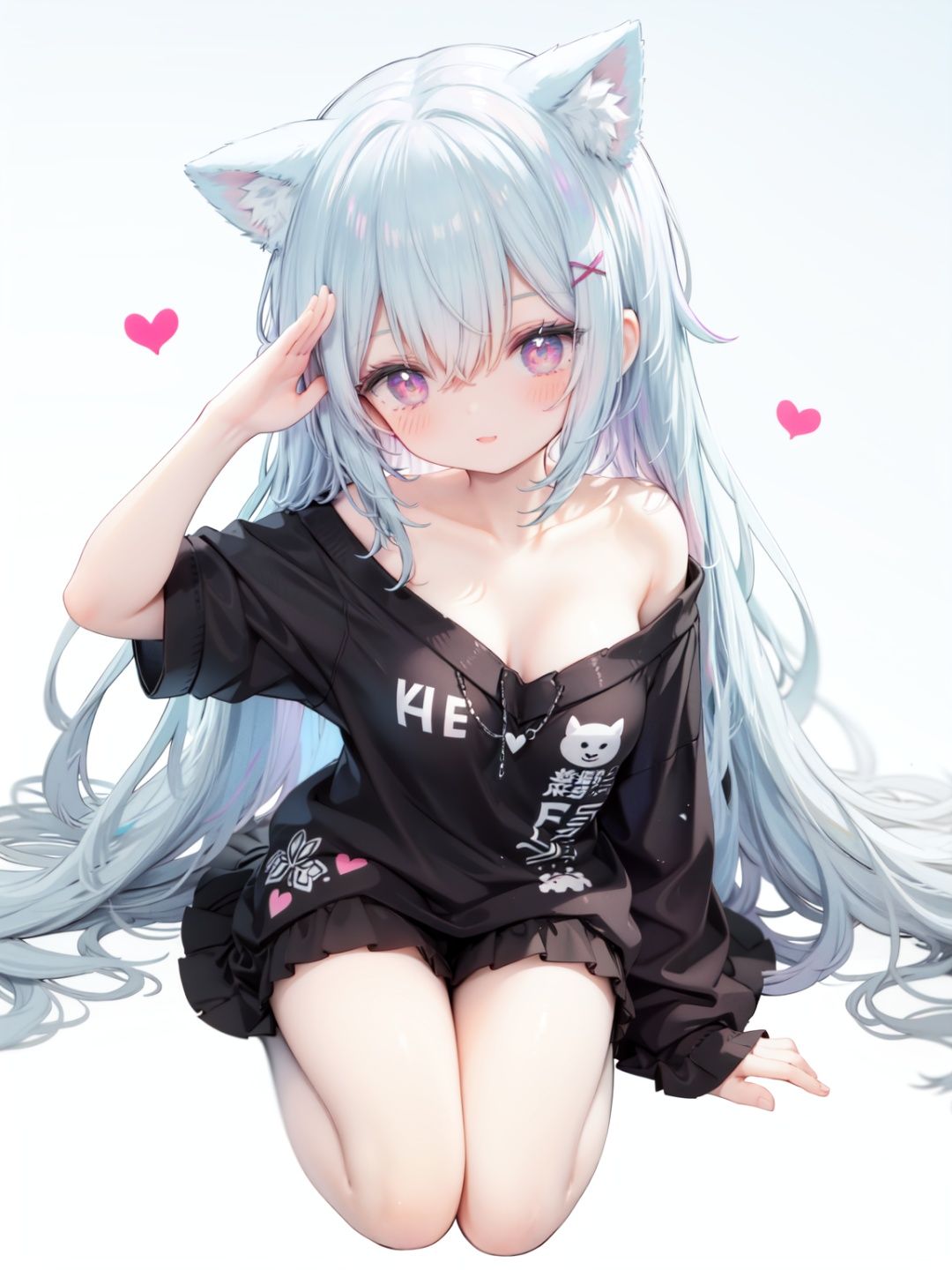 petite, loli, solo, animal ears, heart, puffy short sleeves, blue hair, long hair, off shoulder, bangs, hair ornament, gradient background,rainbow gradient, x hair ornament, animal ear fluff, looking at viewer, very long hair, blush, smile, cat ears, bare shoulders, collarbone, hand up, gradient sweater, hair between eyes, symbol-shaped pupils, arm up, heart-shaped pupils, hairclip, medium breasts, salute, bare legs,full body