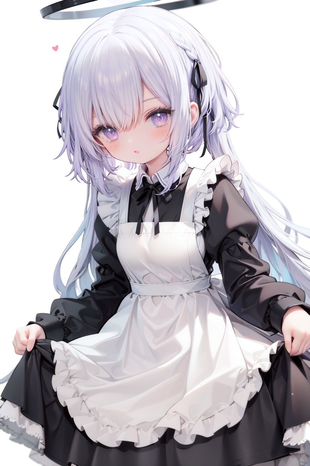 1girl,  solo,  apron,  long hair,  hair over one eye,  white background,  frills,  braid,  halo,  long sleeves,  dress,  simple background,  white hair,  white apron,  puffy sleeves,  very long hair,  frilled apron,  maid,  purple eyes,  ribbon,  parted lips,  maid apron,  bangs,  juliet sleeves,  black dress,  neck ribbon,  looking at viewer,  single braid,  blush