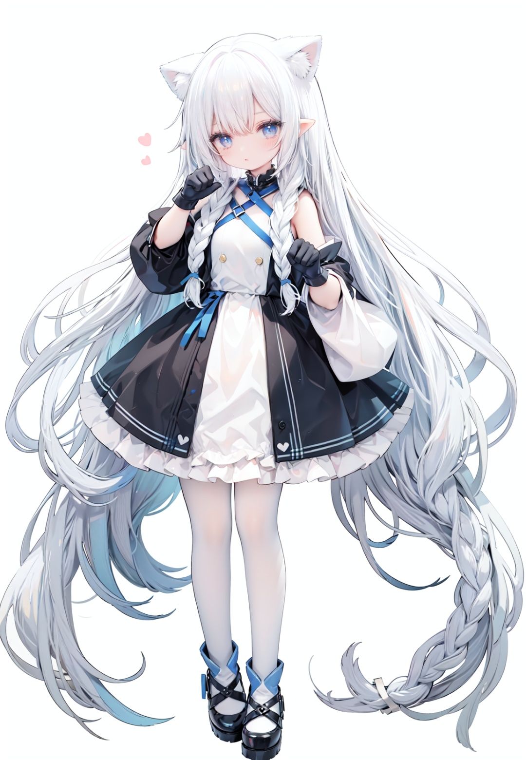 1girl, white_gloves, braid, full_body, gloves, long_hair, official_alternate_costume, pointy_ears, simple_background, solo, standing, very_long_hair, white_background,white hair,blue eyes,paw claw pose, open_mouth,