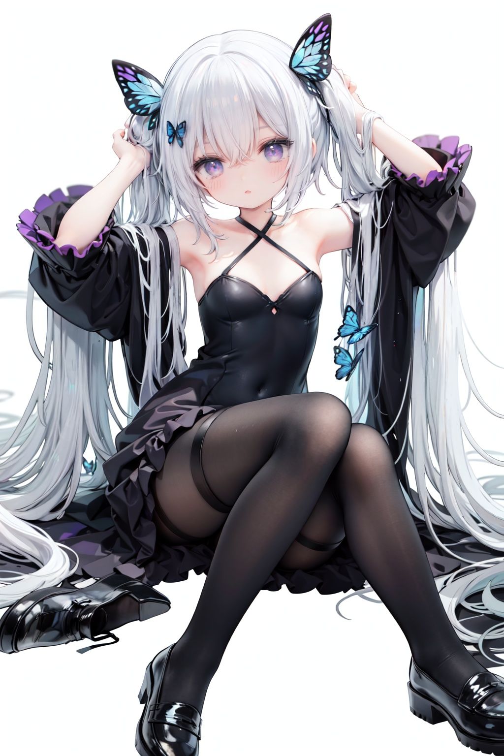 masterpiece, ((best quality)),  dynamic angle, chromatic aberration, ((colorful)),1girl, long hair, solo, very long hair, butterfly, pantyhose, bug, thigh strap, black dress, dress, looking at viewer, white hair, black footwear, blue butterfly, blue eyes, long sleeves, breasts, twintails, detached sleeves, absurdly long hair, bangs, full body, hair ornament, wide sleeves, brown pantyhose, blush, sitting, white background, butterfly hair ornament, small breasts, closed mouth, shoes, purple eyes, black pantyhose, hair between eyes, arms up, covered navel