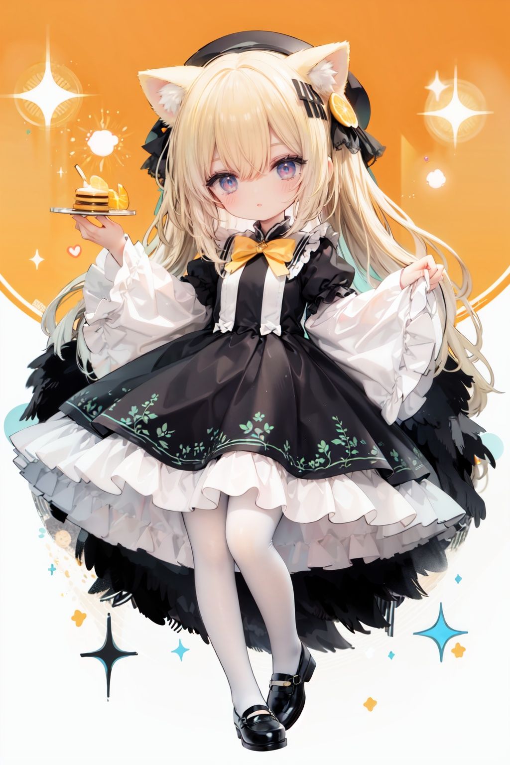 (cinematic lighting),  dreamy atmosphere,  Ray tracing,  (((solo))),  (loli:1.5),  (child:1.5),  (petite:1.5),  green eyes,  (animal ears),  dress,  solo,  food,  blonde hair,  open mouth,  long hair,  pancake,  flower,  holding,  bow,  smile,  fork,  bird,  socks,  looking at viewer,  shoes,  striped background,  holding fork,  bonnet,  striped,  frills,  long sleeves,  :d,  yellow dress,  bangs,  eyebrows visible through hair,  blush,  green nails,  hair bow,  nail polish,  diagonal stripes,  chick,  sparkle,  frilled dress,  orange bow,  fruit,  full body,  :3,  hair between eyes,  green bow,  puffy sleeves,  heart,  lemon,  orange footwear,  animal ear fluff,  white bow,  cat ears,  bobby socks,  orange headwear,  see-through sleeves,  blue background,  striped bow,  hair ornament,  white legwear,  mary janes