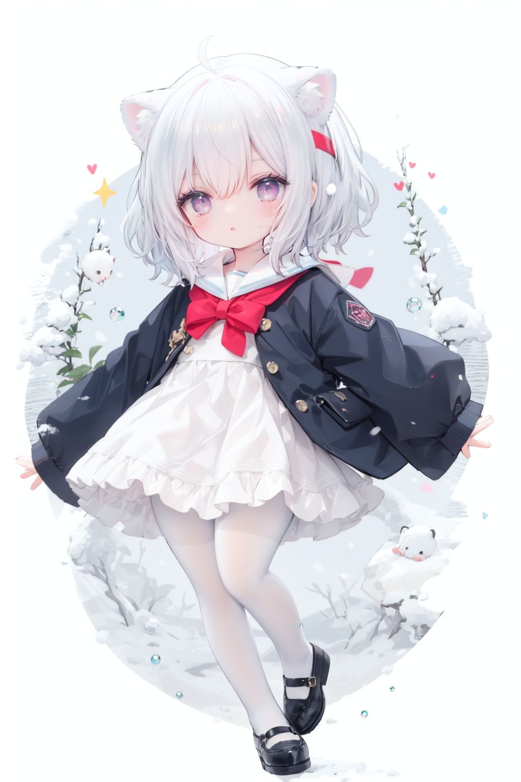 cute,Infant,solo blue shirt,blue sailor coat,loli,full body,white hair,snow leopard ear,white background,pink eyes,laugh,happy,white pantihose,white pantyhose,red armband,