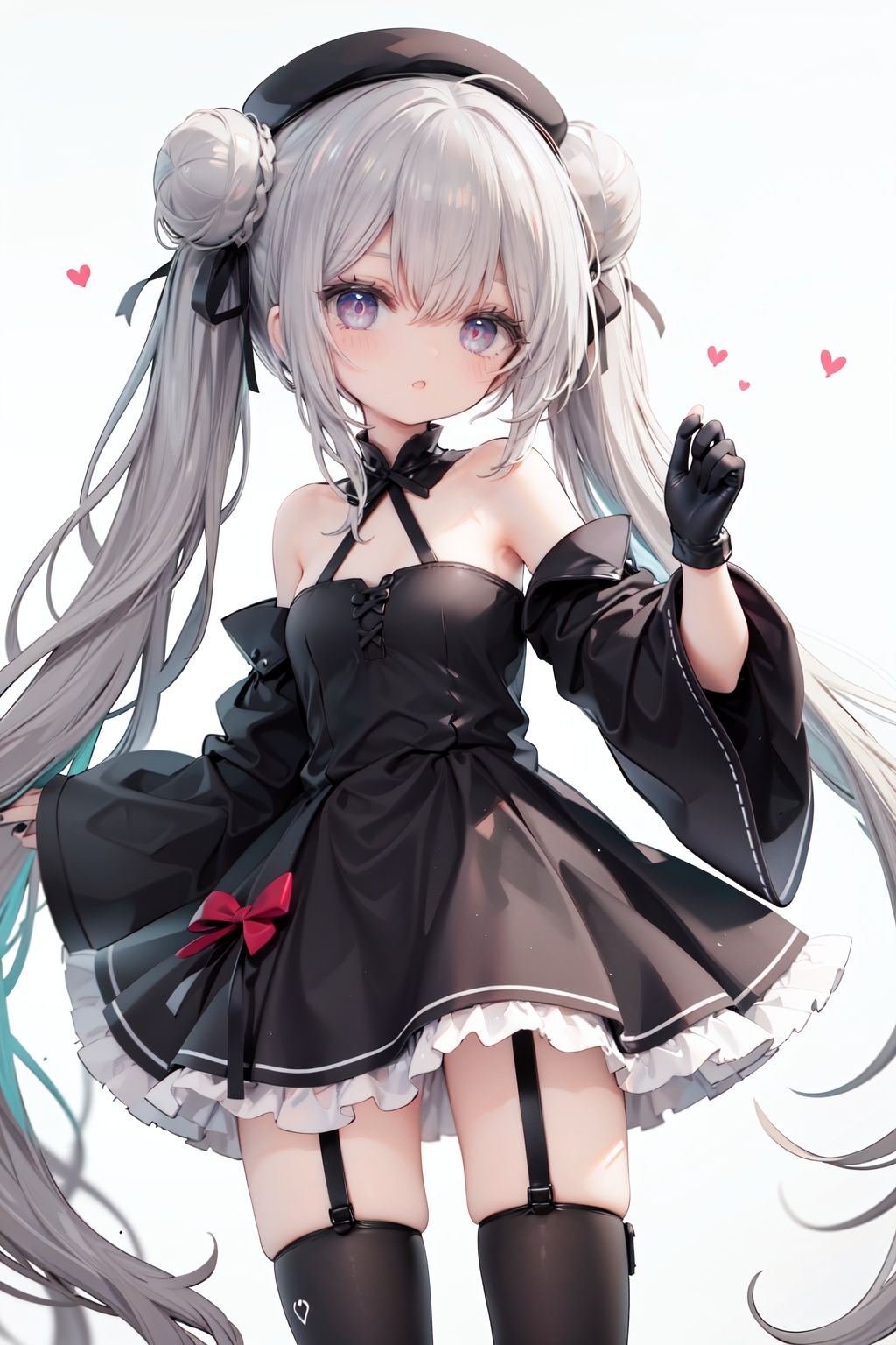 1girl, dress, double bun, hair bun, long hair, black dress, twintails, looking at viewer, smile, hat, bangs, brown hair, white background, solo, open mouth, blush, black headwear, very long hair, garter straps, thighhighs, bare shoulders, beret, :d, ribbon, black gloves, simple background, long sleeves, nail polish, black footwear, red ribbon, bow, gloves, wide sleeves, animal, hair ribbon, boots, red nails, sheath, sheathed, hair between eyes