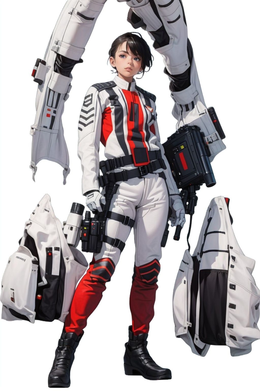 (masterpiece:1.3), (the best quality:1.2), (super fine illustrations:1.2), (Masterpiece), high quality, high detail,((white background:1.2)), looking at viewer, (SOLO:1.4),outline,,simple background,  military uniform, jacket, boots, gloves, belt, thigh strap, fingerless gloves, uniform,