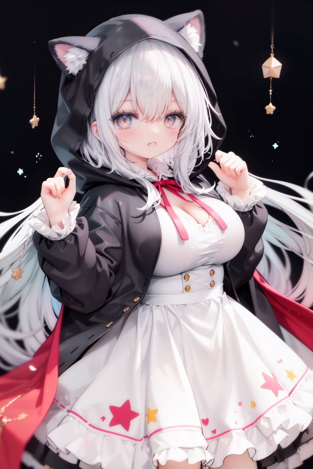 masterpiece, ((best quality)),  dynamic angle, chromatic aberration, ((colorful)),1girl, solo, hood, animal hood, breasts, frills, smile, hood up, yellow eyes, capelet, hair between eyes, blush, dress, long sleeves, looking at viewer, animal ears, large breasts, black ribbon, bangs, puffy long sleeves, :d, frilled dress, hand up, open mouth, white dress, puffy sleeves, hooded capelet, virtual *******r, frilled capelet, fang, white capelet, star (symbol)