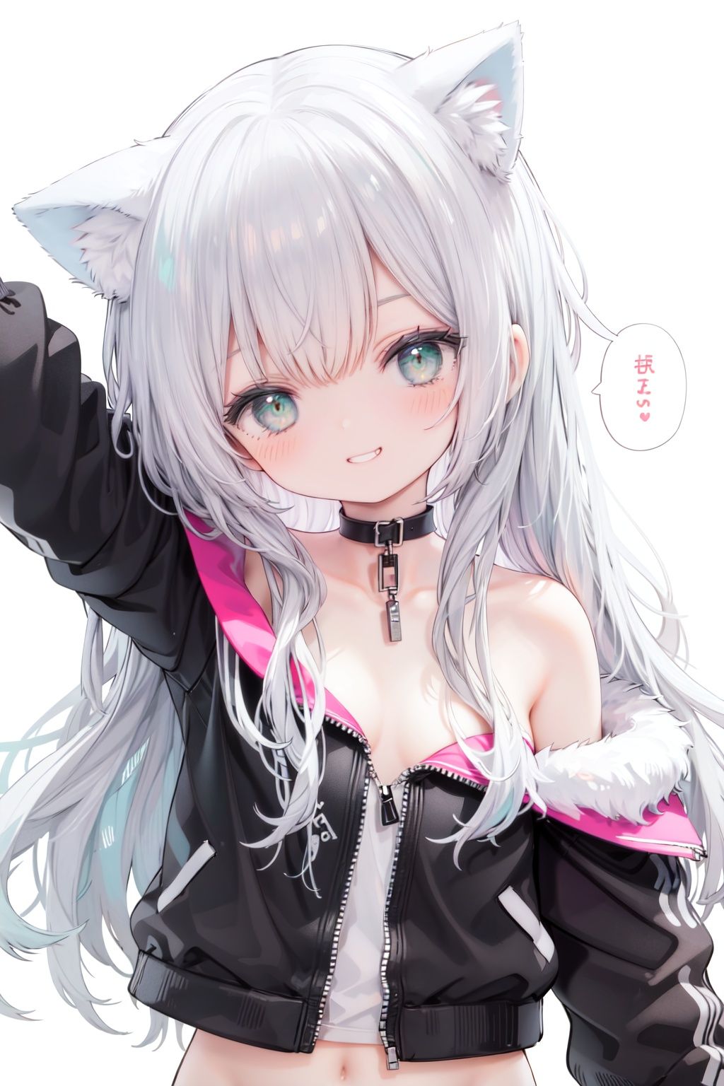 1girl,  solo,  green eyes,  smile,  long hair,  cat ears,  looking at viewer,  animal ears,  white background,  simple background,  bangs,  silver hair,  upper body,  speech bubble,  jacket,  black jacket,  head tilt,  bare shoulders,  eyebrows visible through hair,  off shoulder,  half-closed eyes,  grin,  arm up,  collarbonereflection light