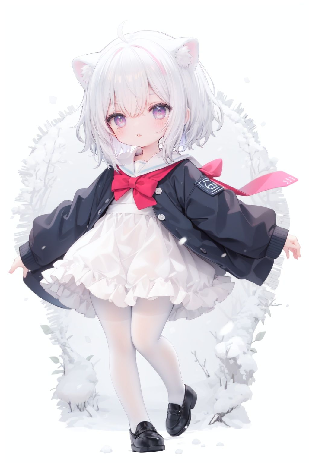 cute,Infant,solo blue shirt,blue sailor coat,loli,full body,white hair,snow leopard ear,white background,pink eyes,laugh,happy,white pantihose,white pantyhose,red armband,