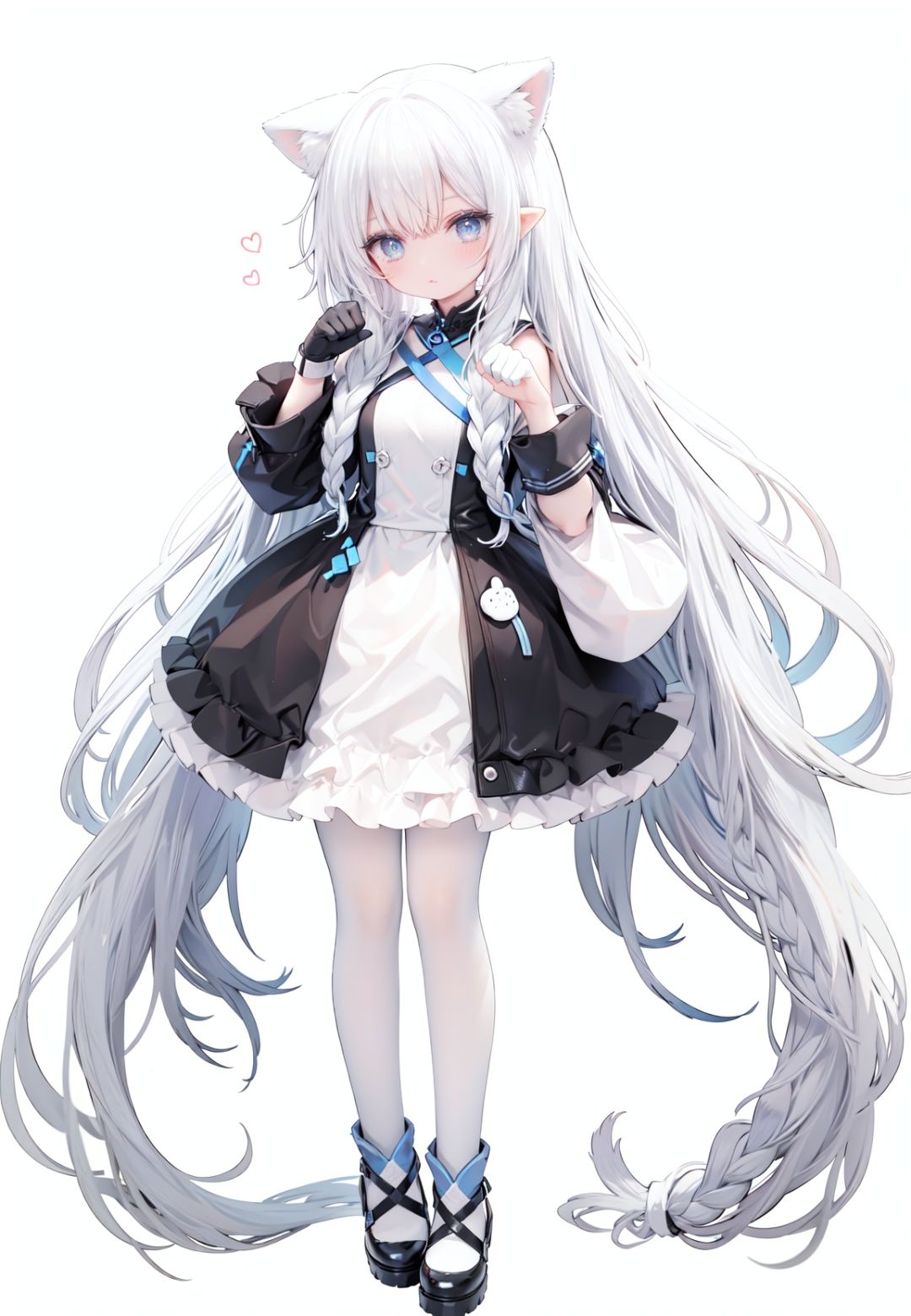 1girl, white_gloves, braid, full_body, gloves, long_hair, official_alternate_costume, pointy_ears, simple_background, solo, standing, very_long_hair, white_background,white hair,blue eyes,paw claw pose, open_mouth,