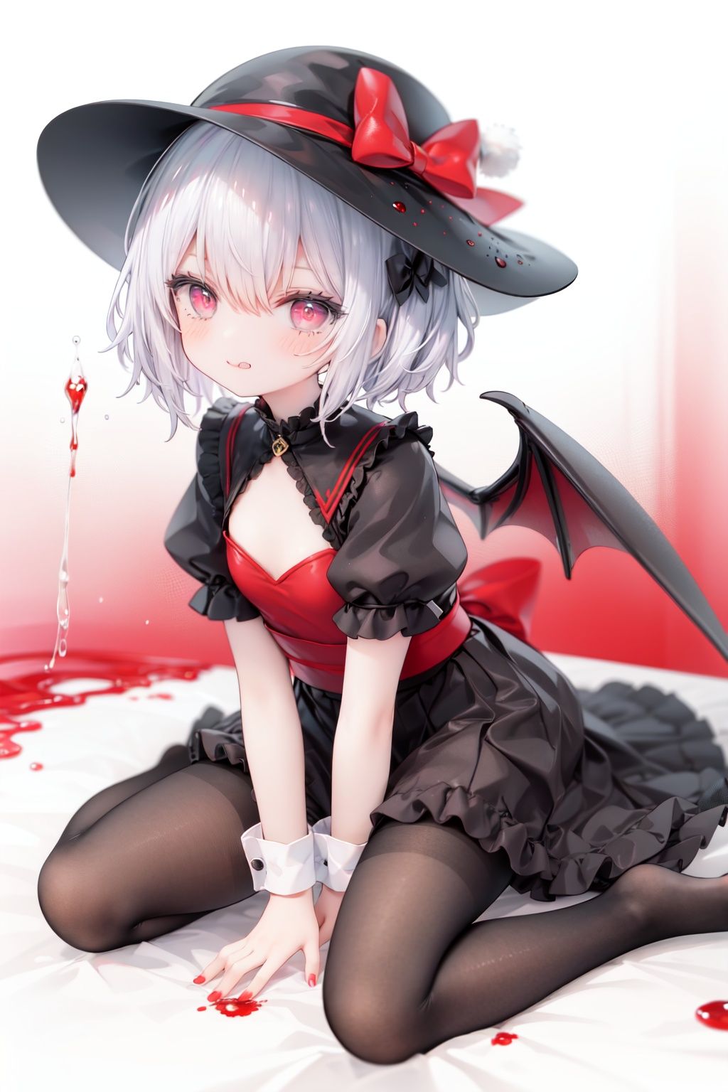 (little girl:1.4), (child:1.4),(petite:1.4), (loli:1.4),,,((solo:1.3)).,1girl, solo, wings, red eyes, hat, remilia scarlet, red background, mob cap, bat wings, ascot, blood, short sleeves, bow, short hair, ribbon, blood on hands, looking at viewer, simple background, full body, puffy sleeves, hat ribbon, blood on face, dress, brooch, red nails, pantyhose, red bow, puffy short sleeves, smile, black pantyhose, wrist cuffs, red ribbon, sitting, jewelry, red ascot, frills, hair between eyes, skirt, white dress, fingernails, sash, shirt, nail polish, no shoes, red theme, sharp fingernails, bangs, tongue, hat bow, grey hair, closed mouth, tongue out, white headwear, slit pupils, blood on clothes, skirt set, hand up, frilled sleeves, invisible chair, white skirt, vampire, frilled shirt collar/.,\nSolo,Battle, {{{{{Slash}}}}},Killing,Attacker,{{Fierce movement}},Ninja,Bloodstain,Core shadow,splatter,{Blood},{{{{Battle scene}}}},angry,Intricate,,{{{Dynamic angle}}},{Stylish pose},{High contrast,Extremely detailed CG unity 8K wallpaper} Sense of movement,blurry background,Kaotic,Lunatic,[[[[[hyper paint, rough design, flat color]]]]],Grin,Whole body,Colorful background,Intricate,Girl wearing black suit,Looking at viewers,{{Stylish}},Persona 5 style art,{{{all out attack(persona 5)}}}