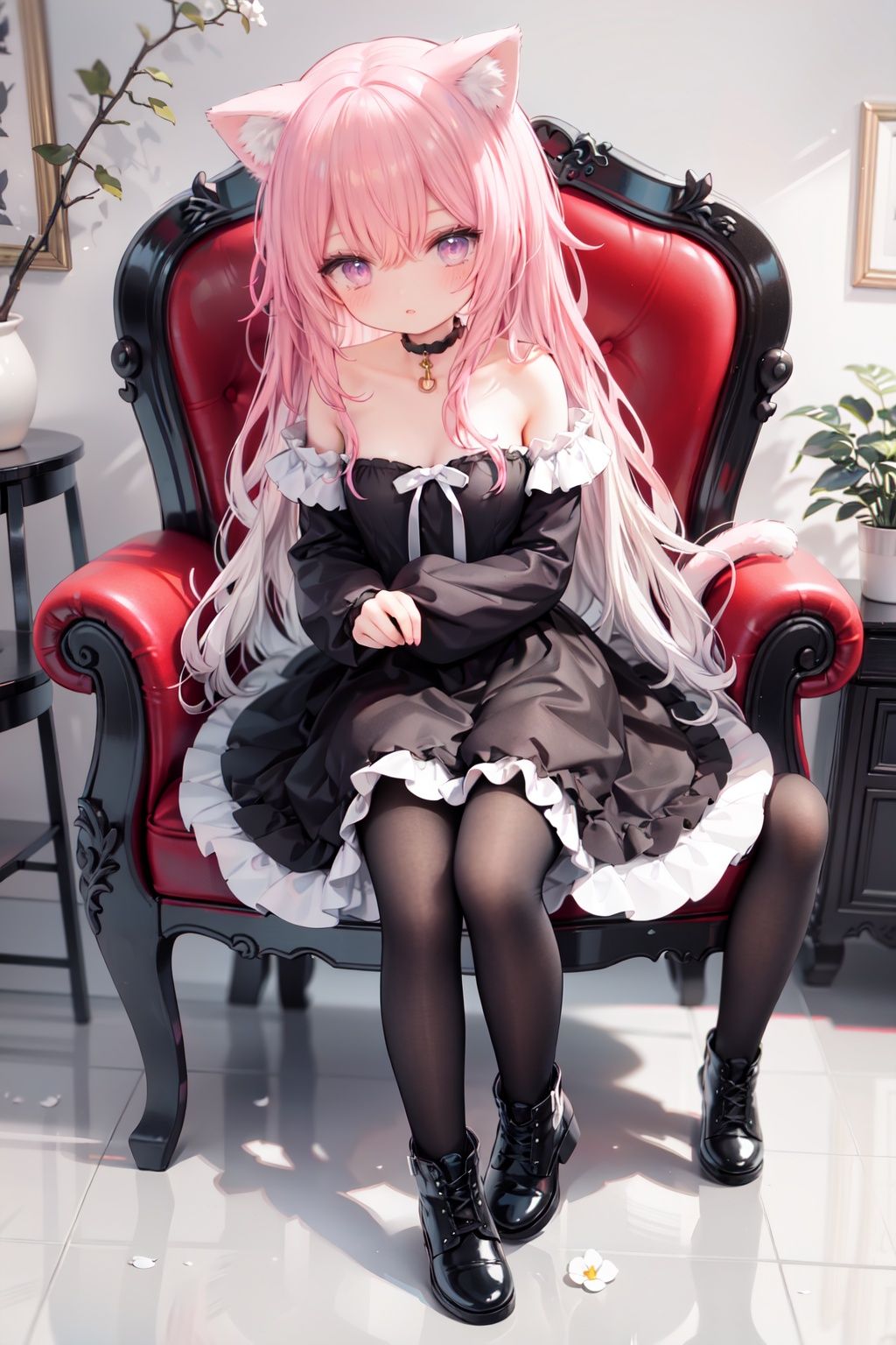 masterpiece, ((best quality)),  dynamic angle, chromatic aberration, ((colorful)),1girl, animal ears, dress, tail, solo, long hair, pantyhose, purple eyes, cat ears, cat, cat girl, cat tail, black dress, white pantyhose, standing, indoors, black footwear, animal ear fluff, looking at viewer, flower, off shoulder, full body, frilled dress, brown hair, long sleeves, blush, bangs, plant, choker, bare shoulders, potted plant, wooden floor, black choker, frills, boots, parted lips, very long hair, animal, blonde hair, chair, bow, collarbone, puffy sleeves, hair between eyes, shoes, black collar