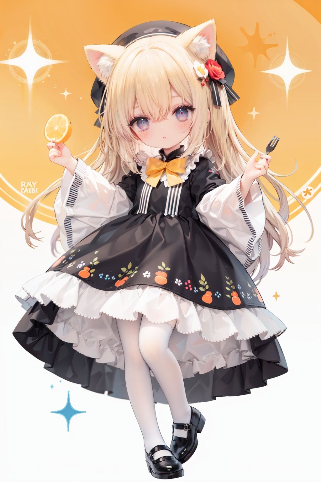 (cinematic lighting),  dreamy atmosphere,  Ray tracing,  (((solo))),  (loli:1.5),  (child:1.5),  (petite:1.5),  green eyes,  (animal ears),  dress,  solo,  food,  blonde hair,  open mouth,  long hair,  pancake,  flower,  holding,  bow,  smile,  fork,  bird,  socks,  looking at viewer,  shoes,  striped background,  holding fork,  bonnet,  striped,  frills,  long sleeves,  :d,  yellow dress,  bangs,  eyebrows visible through hair,  blush,  green nails,  hair bow,  nail polish,  diagonal stripes,  chick,  sparkle,  frilled dress,  orange bow,  fruit,  full body,  :3,  hair between eyes,  green bow,  puffy sleeves,  heart,  lemon,  orange footwear,  animal ear fluff,  white bow,  cat ears,  bobby socks,  orange headwear,  see-through sleeves,  blue background,  striped bow,  hair ornament,  white legwear,  mary janes