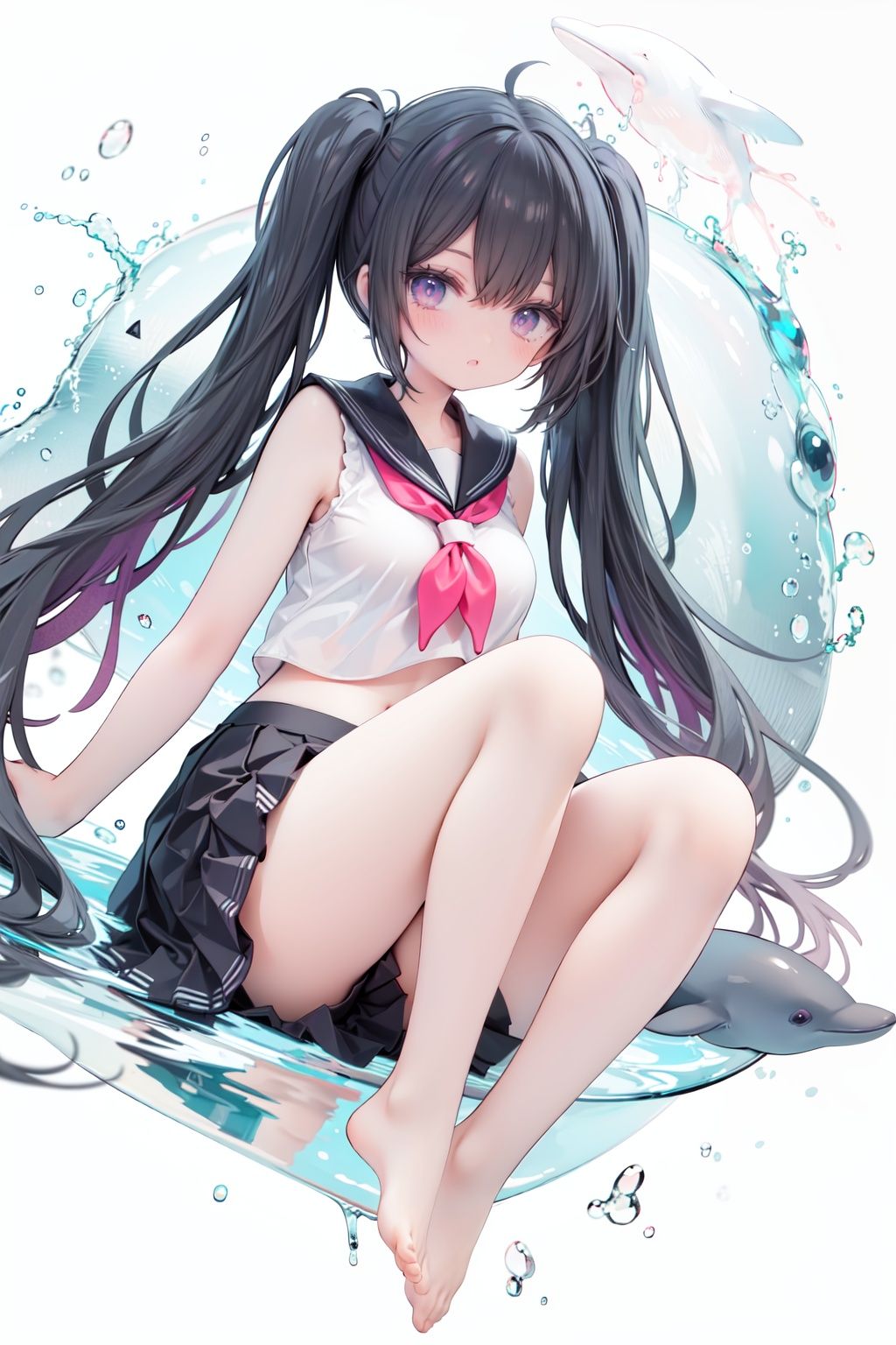 masterpiece, ((best quality)), (ultra-detailed), (illustration), an extremely delicate and beautiful, dynamic angle, chromatic aberration,((Medium shot)), ((colorful)),1girl, long hair, solo, skirt, black hair, barefoot, very long hair, black skirt, school uniform, shirt, white shirt, serafuku, looking at viewer, pleated skirt, bare legs, sitting, neckerchief, floating hair, navel, midriff, sailor collar, crop top, purple eyes, bangs, sleeveless, water, closed mouth, whale, full body, dolphin, twintails, reflection, black sailor collar, miniskirt