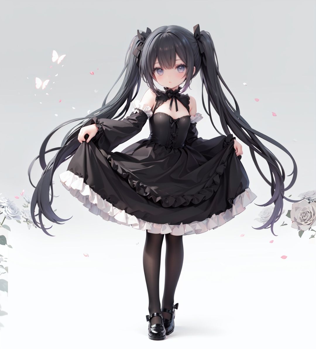 masterpiece, ((best quality)),  dynamic angle, chromatic aberration, ((colorful)),1girl, solo, black hair, long hair, dress, butterfly, bug, twintails, black footwear, lolita fashion, very long hair, pantyhose, black dress, long sleeves, bow, full body, bangs, flower, puffy sleeves, standing on one leg, shoes, white pantyhose, hair bow, looking at viewer, grey eyes, frills, standing, gothic lolita, blush, juliet sleeves, black bow, frilled dress, white flower, rose, closed mouth, skirt hold, petals, wide sleeves, mary janes, white rose