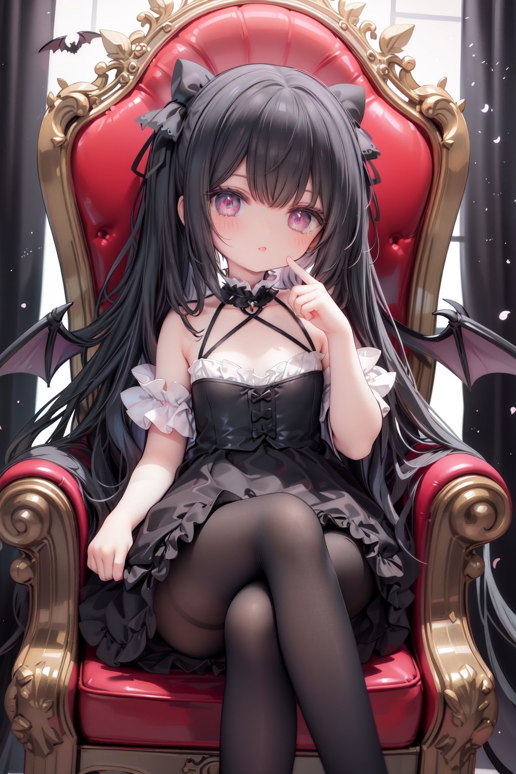 masterpiece, ((best quality)), (ultra-detailed), (illustration), an extremely delicate and beautiful girl, dynamic angle, chromatic aberration, ((colorful)),//,1girls,loli,(petite child:1.1),//,(in Gothic castle),girl with black hair,red eyes,Vertical pupil,long hair,hair arrangement,(Detailed face description),(batwing),(Gothic Lolita),(bat tail),alccandlestick,Cathedral glass,,short skirt,black pantyhose,red lace,high heels,rose tattoo,throne,sitting,crossed legs,//,