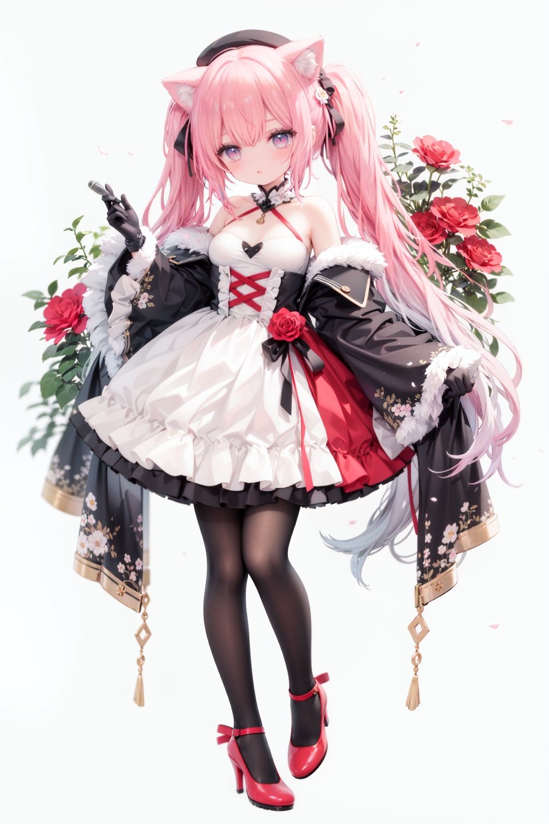 masterpiece, ((best quality)),  dynamic angle, chromatic aberration, ((colorful)),1girl, solo, flower, thighhighs, white thighhighs, gloves, red footwear, long hair, detached sleeves, animal ears, rose, blonde hair, looking at viewer, full body, hat, high heels, petals, dress, standing, twintails, wide sleeves, holding, shoes, frills, red flower, cat ears, bangs, microphone, long sleeves, white flower, hair ornament, white gloves, zettai ryouiki, bare shoulders, pink eyes, frilled dress, small breasts, breasts, closed mouth, skirt, beret, white headwear, very long hair, red eyes, red rose, white dress, blush, ribbon, black gloves, animal ear fluff, hair flower, pink flower