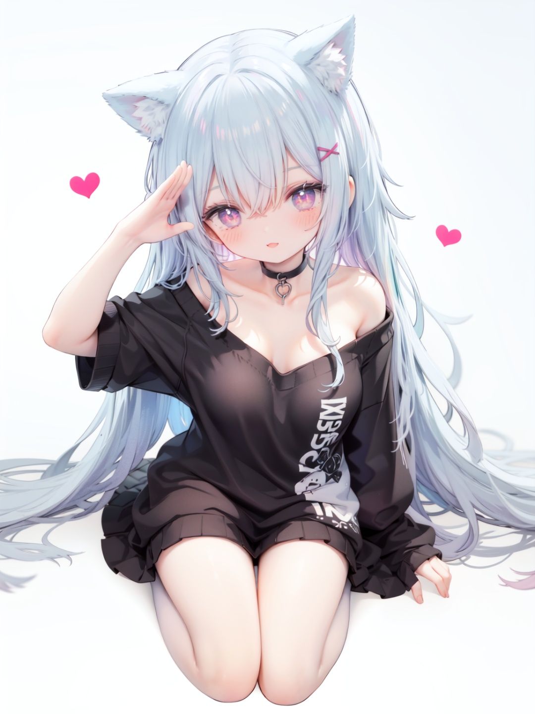 petite, loli, solo, animal ears, heart, puffy short sleeves, blue hair, long hair, off shoulder, bangs, hair ornament, gradient background,rainbow gradient, x hair ornament, animal ear fluff, looking at viewer, very long hair, blush, smile, cat ears, bare shoulders, collarbone, hand up, gradient sweater, hair between eyes, symbol-shaped pupils, arm up, heart-shaped pupils, hairclip, medium breasts, salute, bare legs,full body
