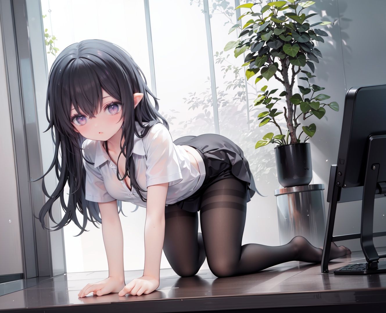 masterpiece, ((best quality)), (ultra-detailed), (illustration), an extremely delicate and beautiful, dynamic angle, chromatic aberration,((Medium shot)), ((colorful)),1girl, pantyhose, black hair, pointy ears, long hair, solo, skirt, shirt, all fours, purple eyes, white shirt, looking at viewer, black pantyhose, black skirt, short sleeves, no shoes, underwear, panties, tentacles, bangs, thighband pantyhose, indoors, blush, panties under pantyhose, full body, tree, hair between eyes, wet