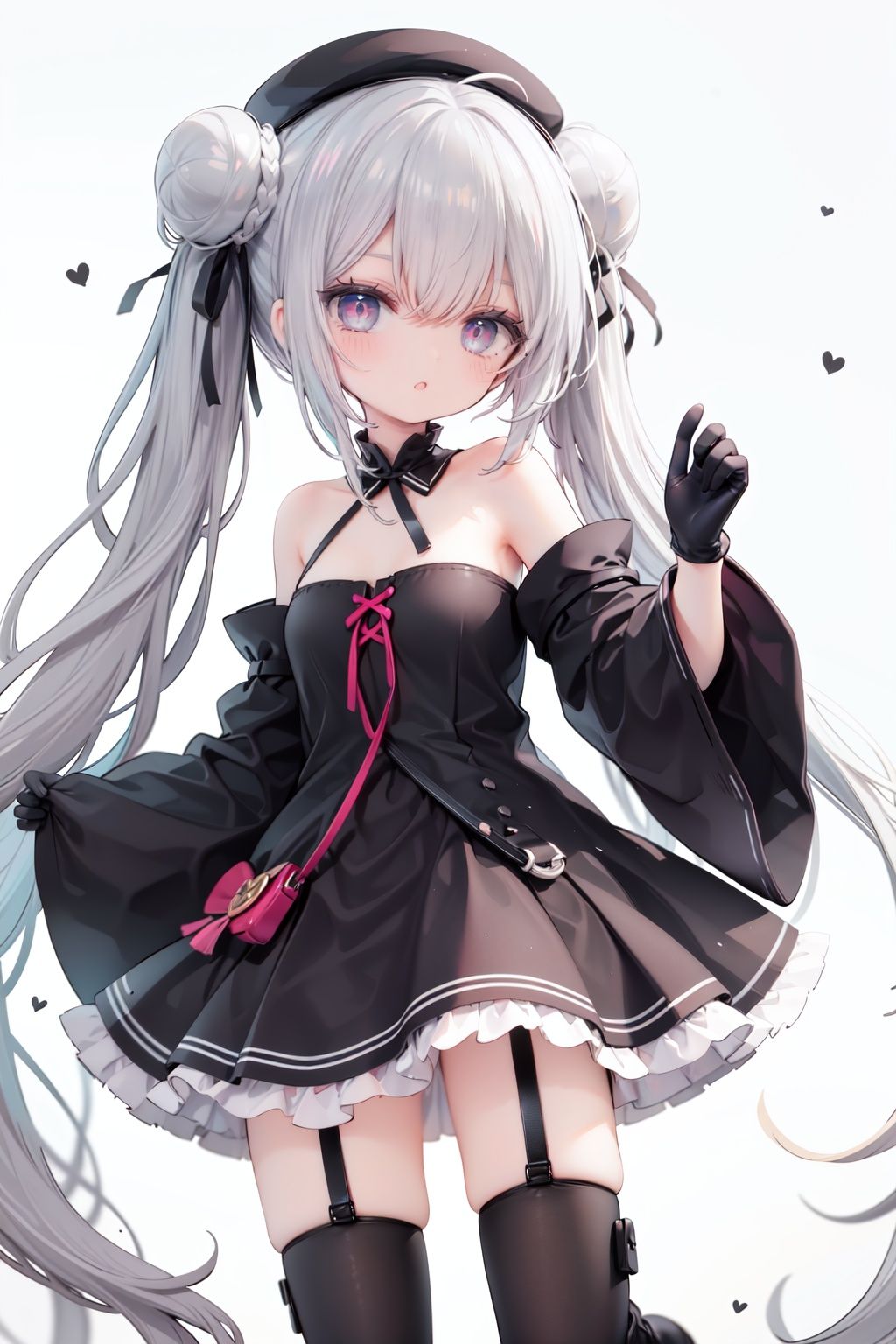 1girl, dress, double bun, hair bun, long hair, black dress, twintails, looking at viewer, smile, hat, bangs, brown hair, white background, solo, open mouth, blush, black headwear, very long hair, garter straps, thighhighs, bare shoulders, beret, :d, ribbon, black gloves, simple background, long sleeves, nail polish, black footwear, red ribbon, bow, gloves, wide sleeves, animal, hair ribbon, boots, red nails, sheath, sheathed, hair between eyes