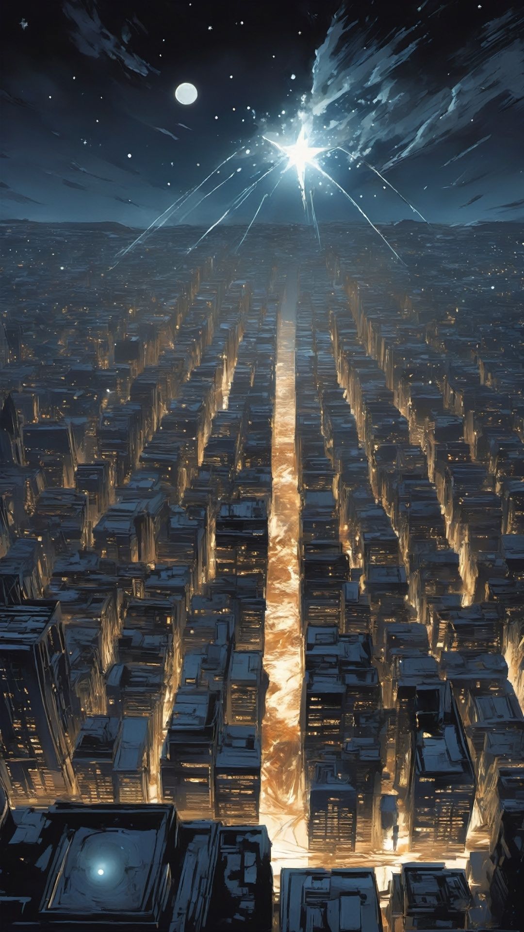 (Science fiction concept object light) (fantasy style) intricate details,  on that silent night,  the whole city is shroud...