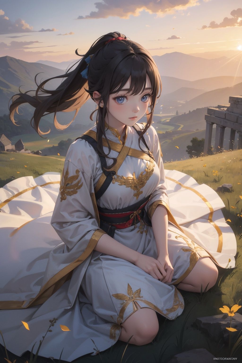 from above,lightness,illustration,Beautiful background,battlefield,1girl,Ancient costume