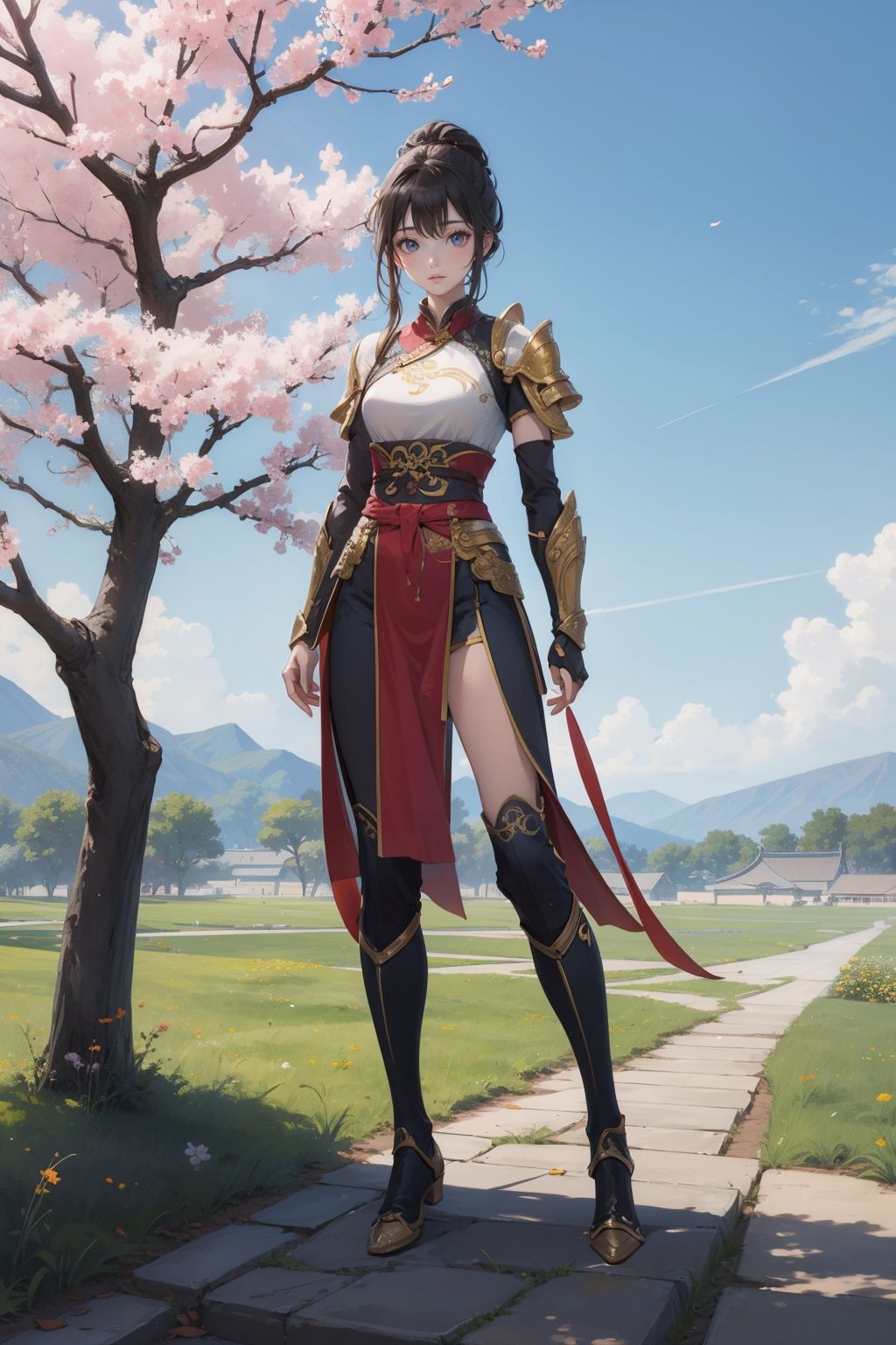 lightness,illustration,Beautiful background,battlefield,1girl,wuxia,armor, belt, chinese clothes,shoulder armor, full body, Cherry tree