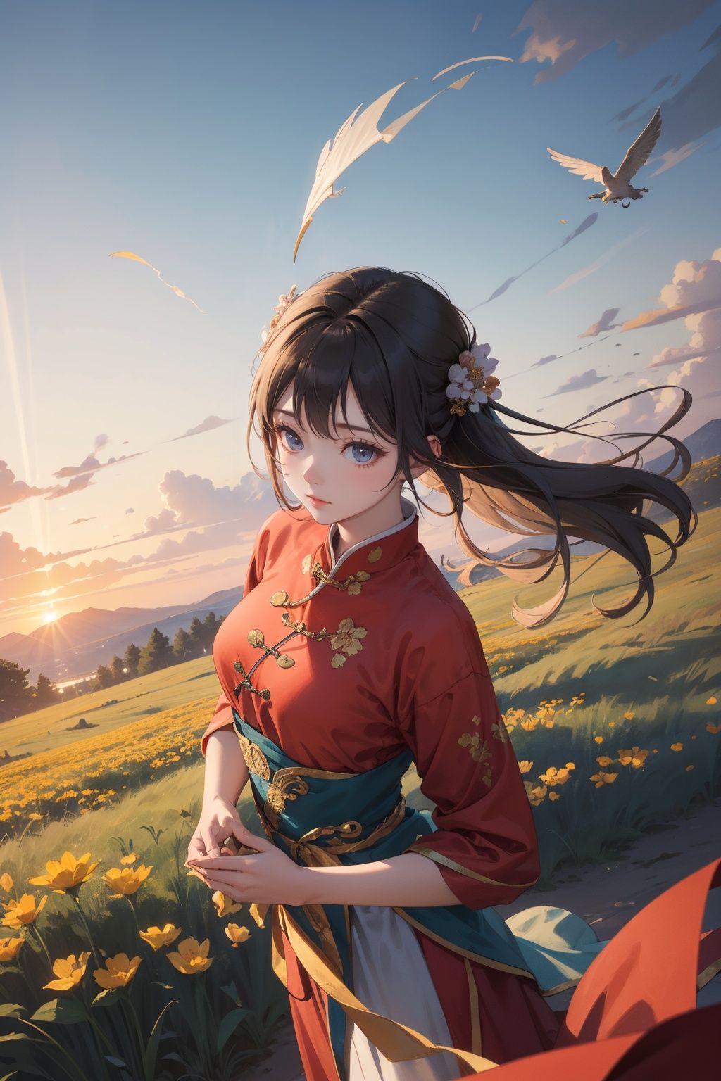 from above,lightness,illustration,Beautiful background,battlefield,1girl,Ancient costume,chinese clothes, 