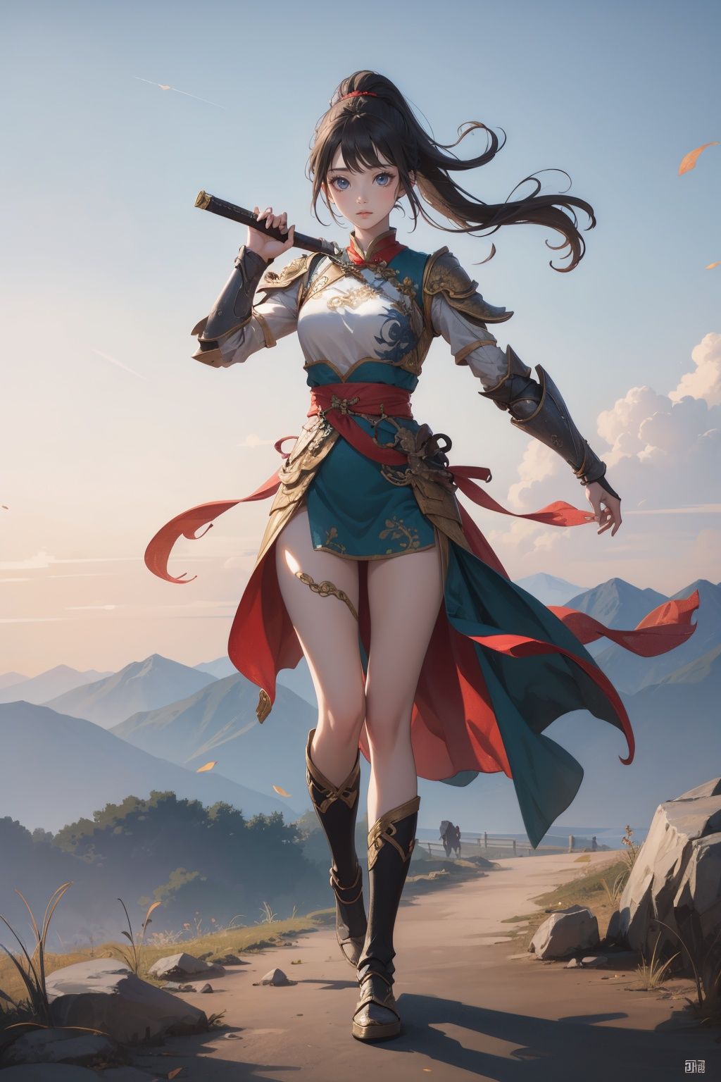 lightness,illustration,Beautiful background,battlefield,1girl,wuxia,armor, belt, chinese clothes,shoulder armor, full body, 