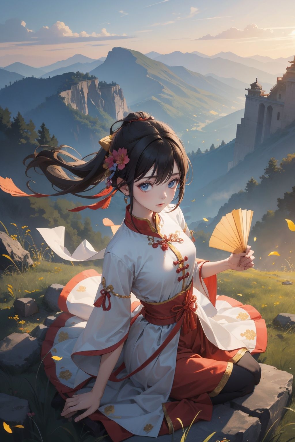 from above,lightness,illustration,Beautiful background,battlefield,1girl,Ancient costume,chinese clothes, 