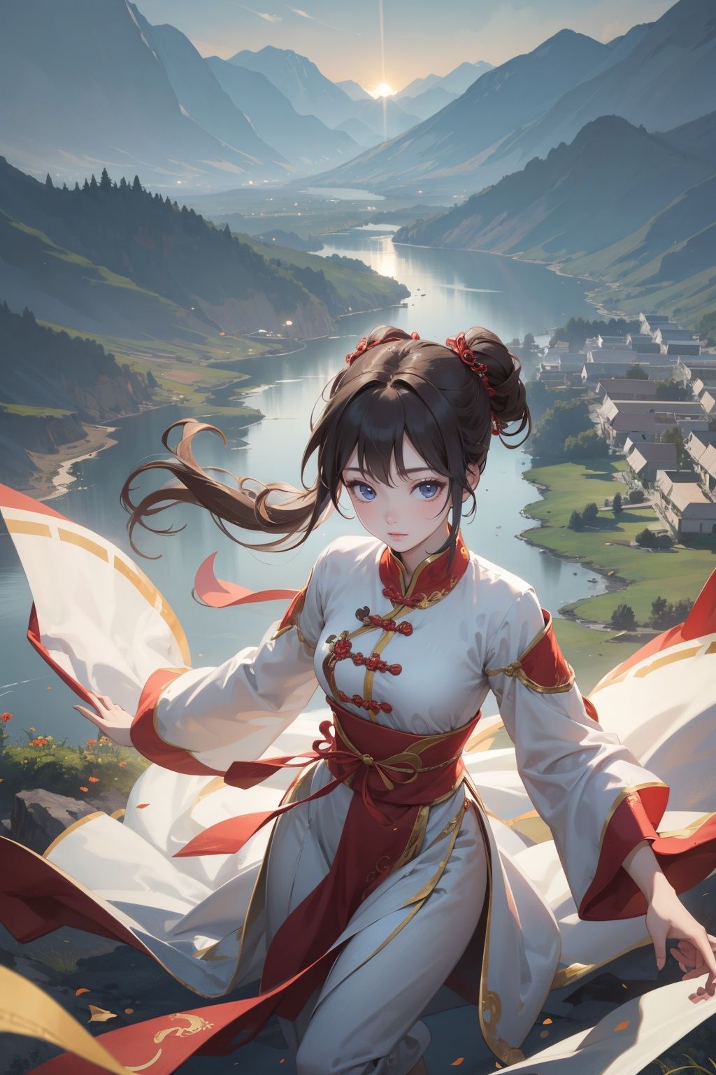 from above,lightness,illustration,Beautiful background,battlefield,1girl,Ancient costume,chinese clothes, 